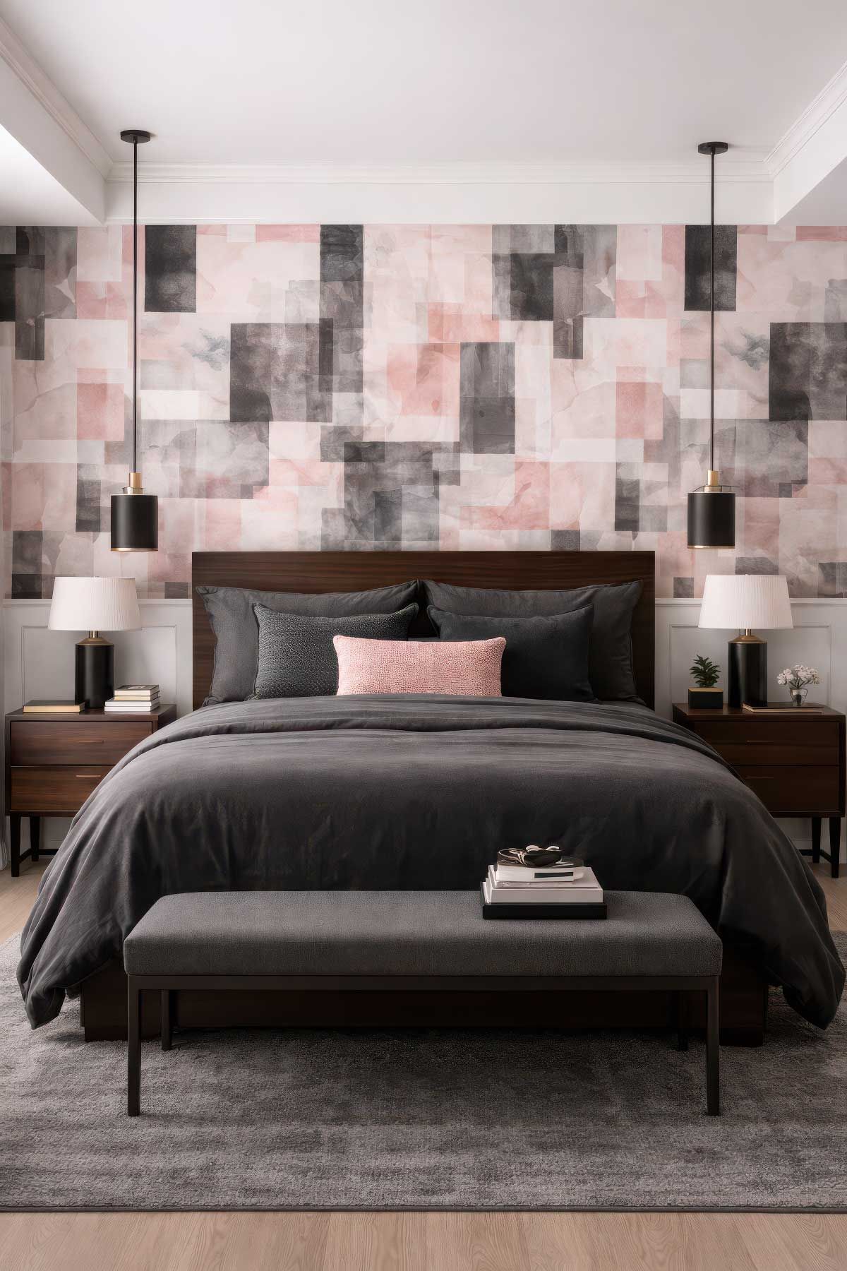 A modern main bedroom with geometric offset pink and black wallpaper.