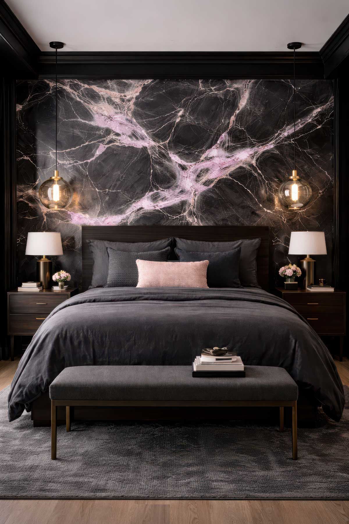 A large master bedroom with a black bed and bedding with a marble look wallpaper with pink features behind the bed. 