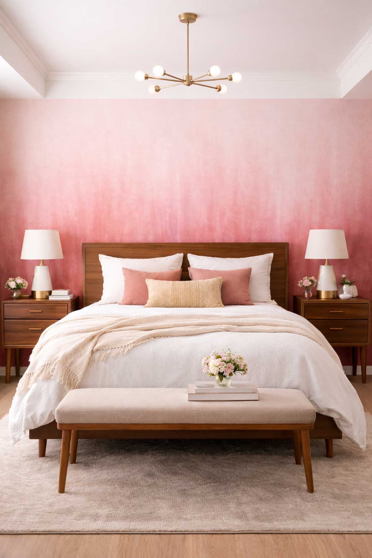 A open bright master bedroom with an ombre pink wallpaper behind the bed.