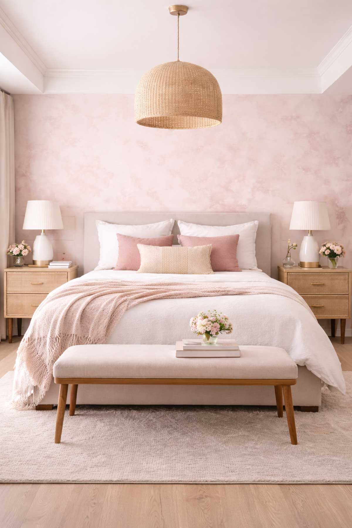 A master bedroom with a soft pink vibe created by a verrigated pale pink wallpaper. 