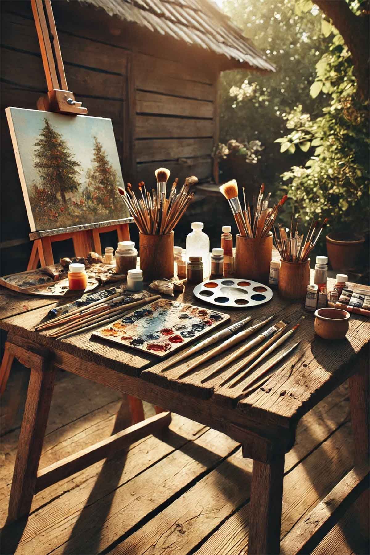 Rustic-Timber-Bench-With-Painting-Supplies Layout your workspace to suit your working style.