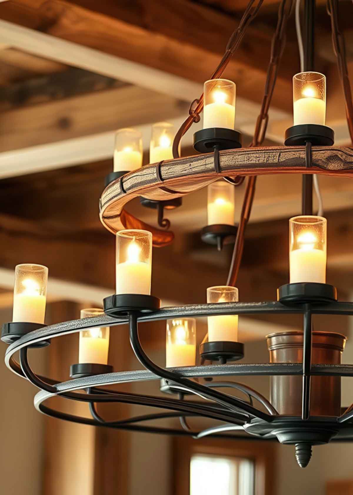 A rustic chandelier with candles hanging from the ceiling in a room.