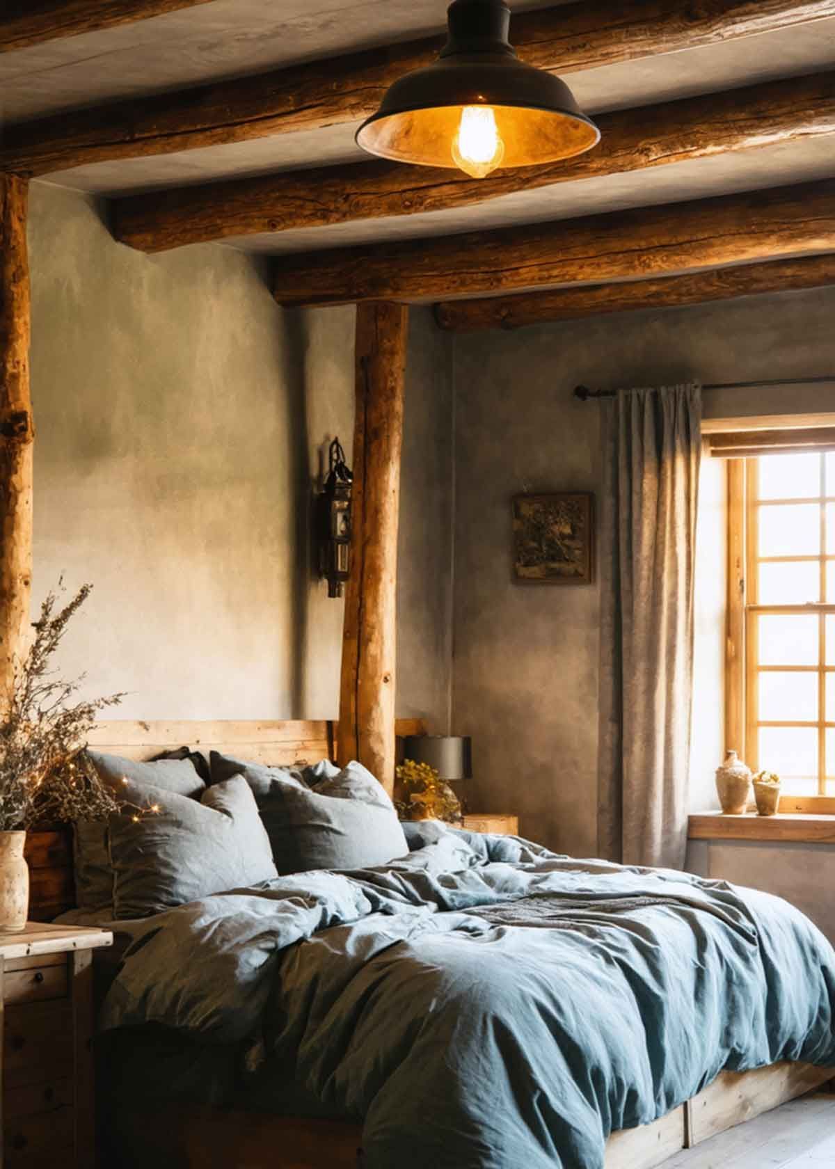 A rustic styled bedroom with a bed and a window with wooden beams.
