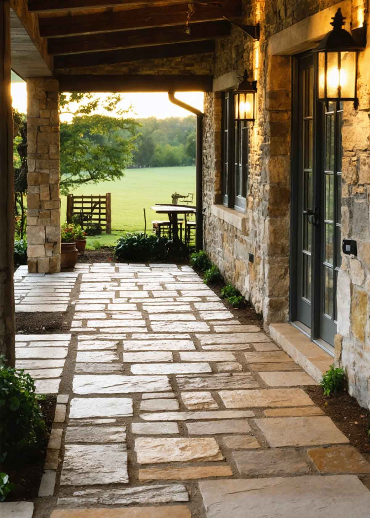 A stone walkway leading to a house with a field in the background