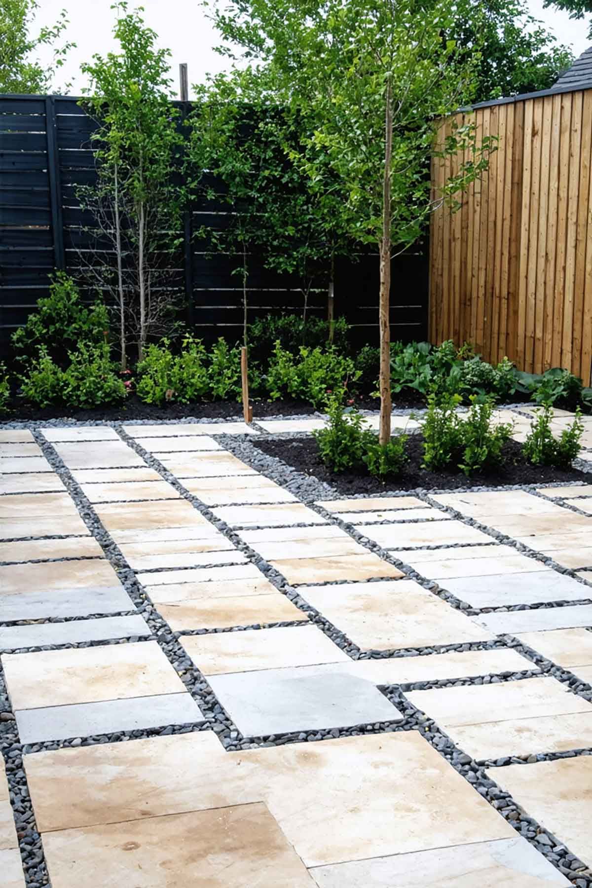 A patio with a wooden fence and trees in the background.