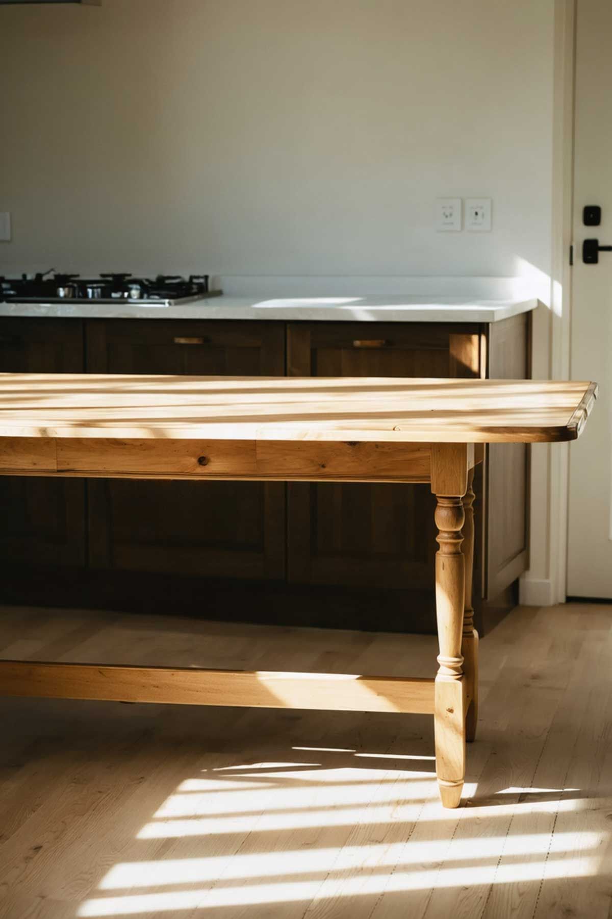 Wooden kitchen table in front of dark cabinets, a white countertop, and a gas stove. Sunlight streams through a window.