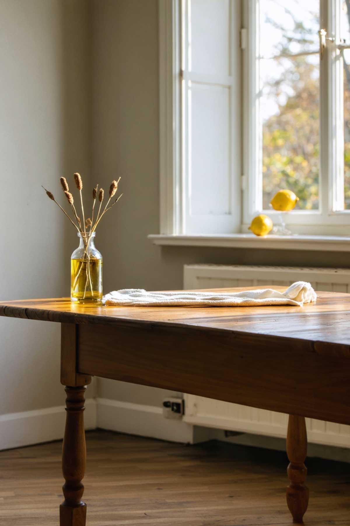 A bottle of fragranced oil sitting on a clean style shaker table