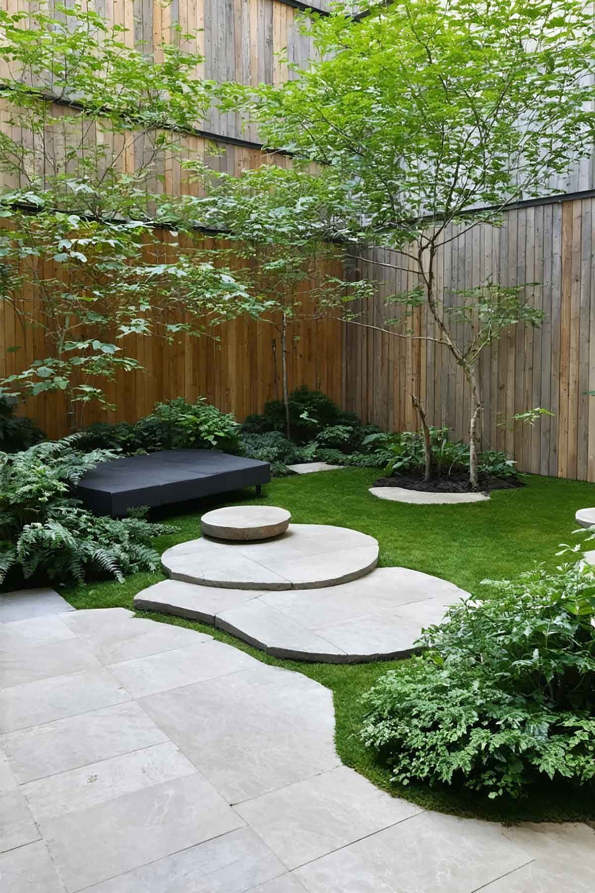 A small courtyard garden with a bench in the middle and beautiful green trees.
