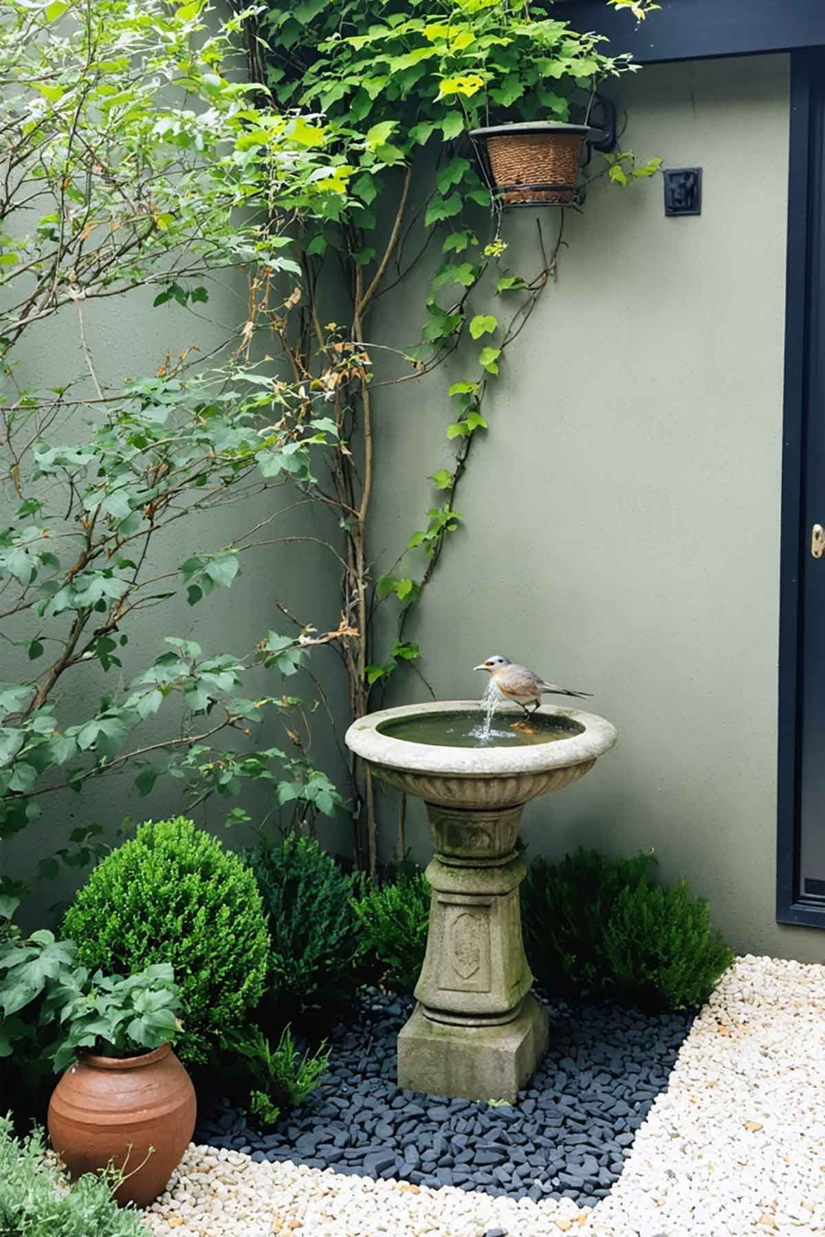 There is a bird bath in the middle of the garden.