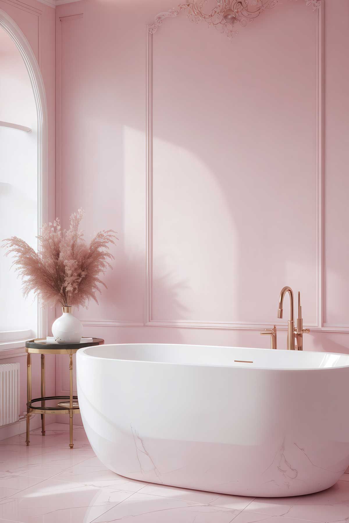 A bathroom with pink walls and a white bathtub.