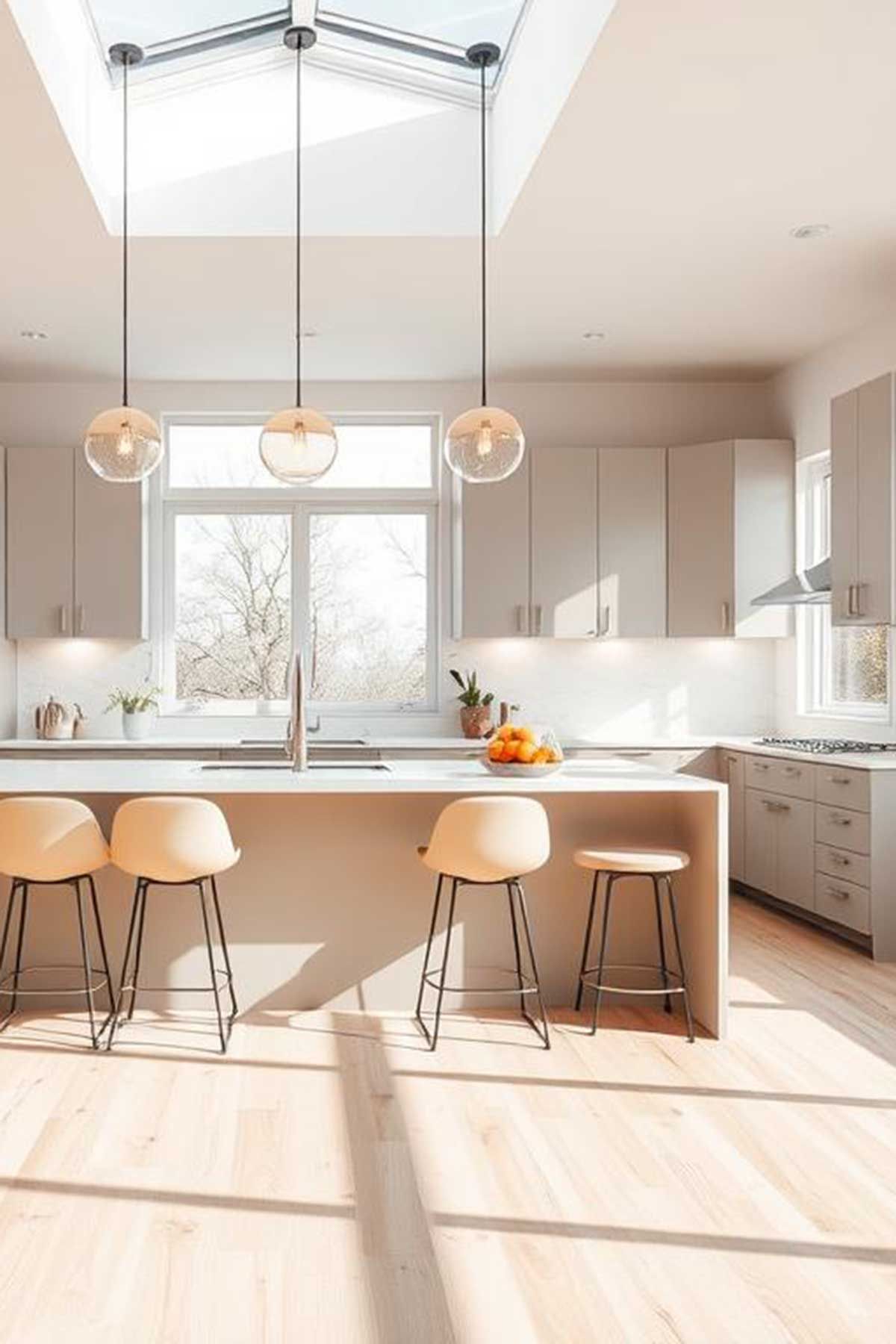 A kitchen with a large island and stools and a skylight.