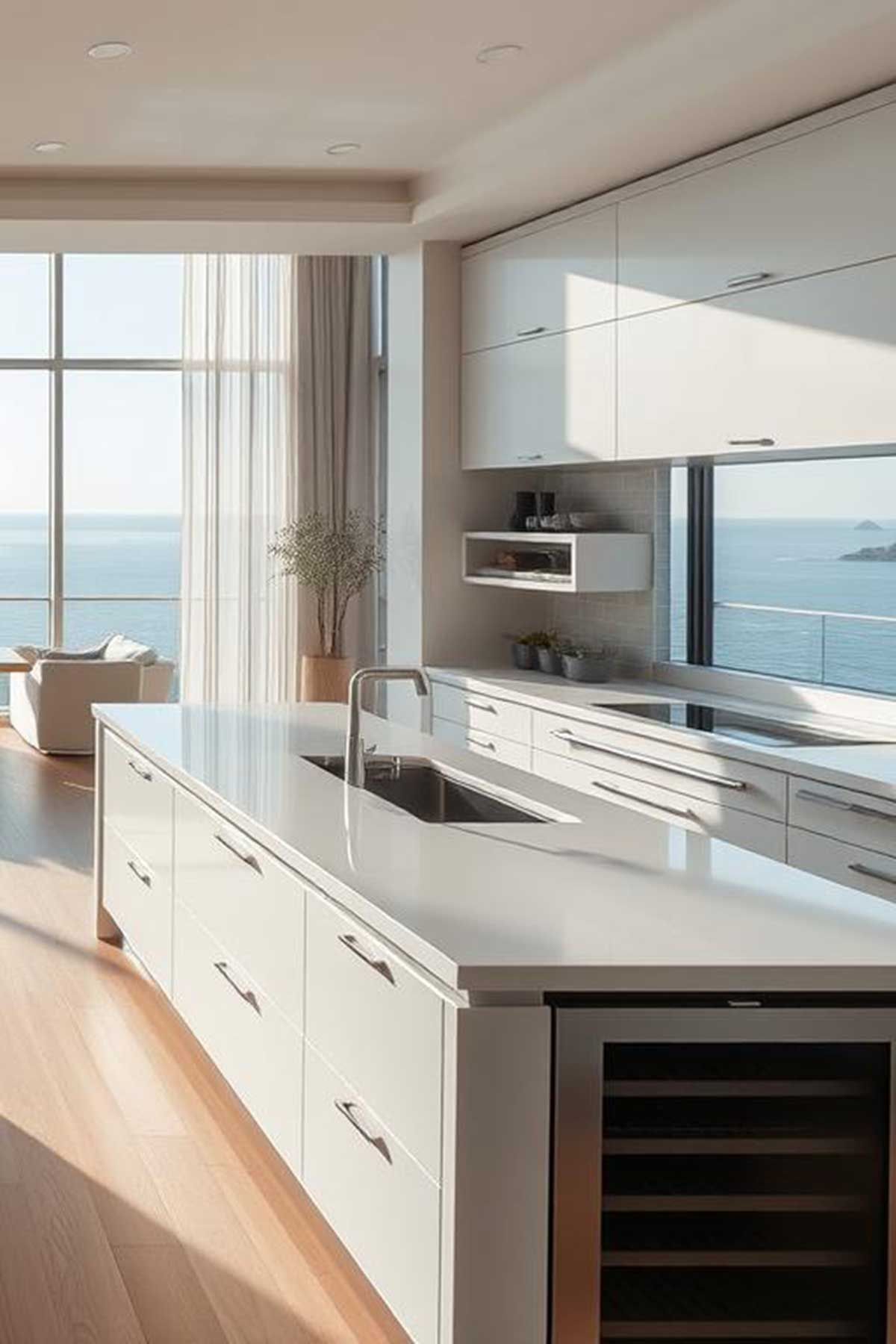 A kitchen with white cabinets and a large island with a view of the ocean.
