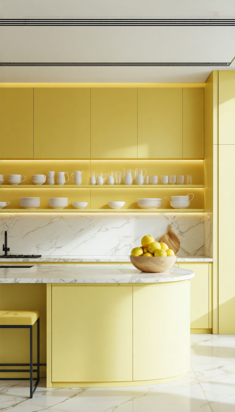 A kitchen with yellow cabinets and a bowl of lemons on the counter.