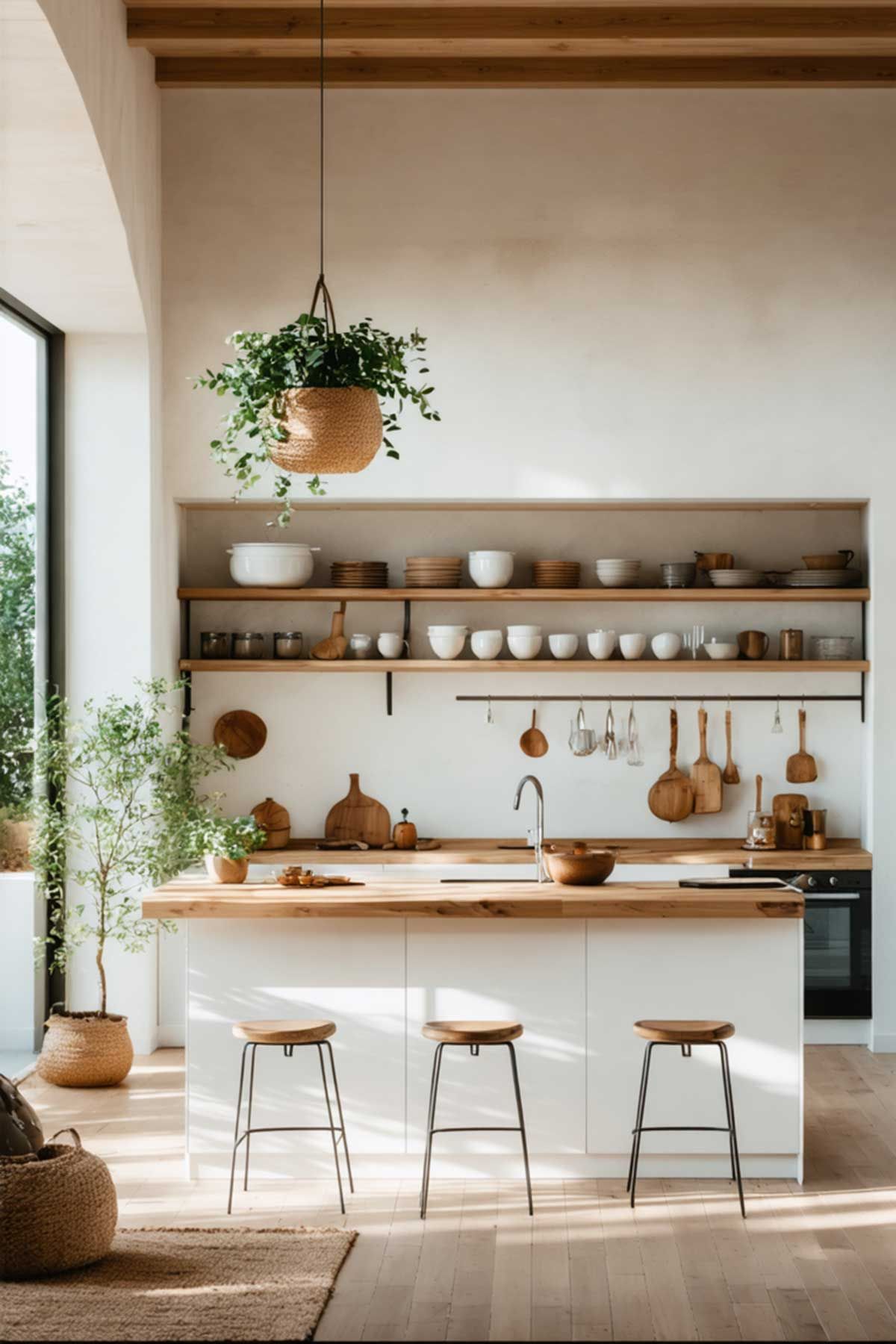 A kitchen with white cabinets , wooden counter tops , pots and pans hanging from the ceiling.