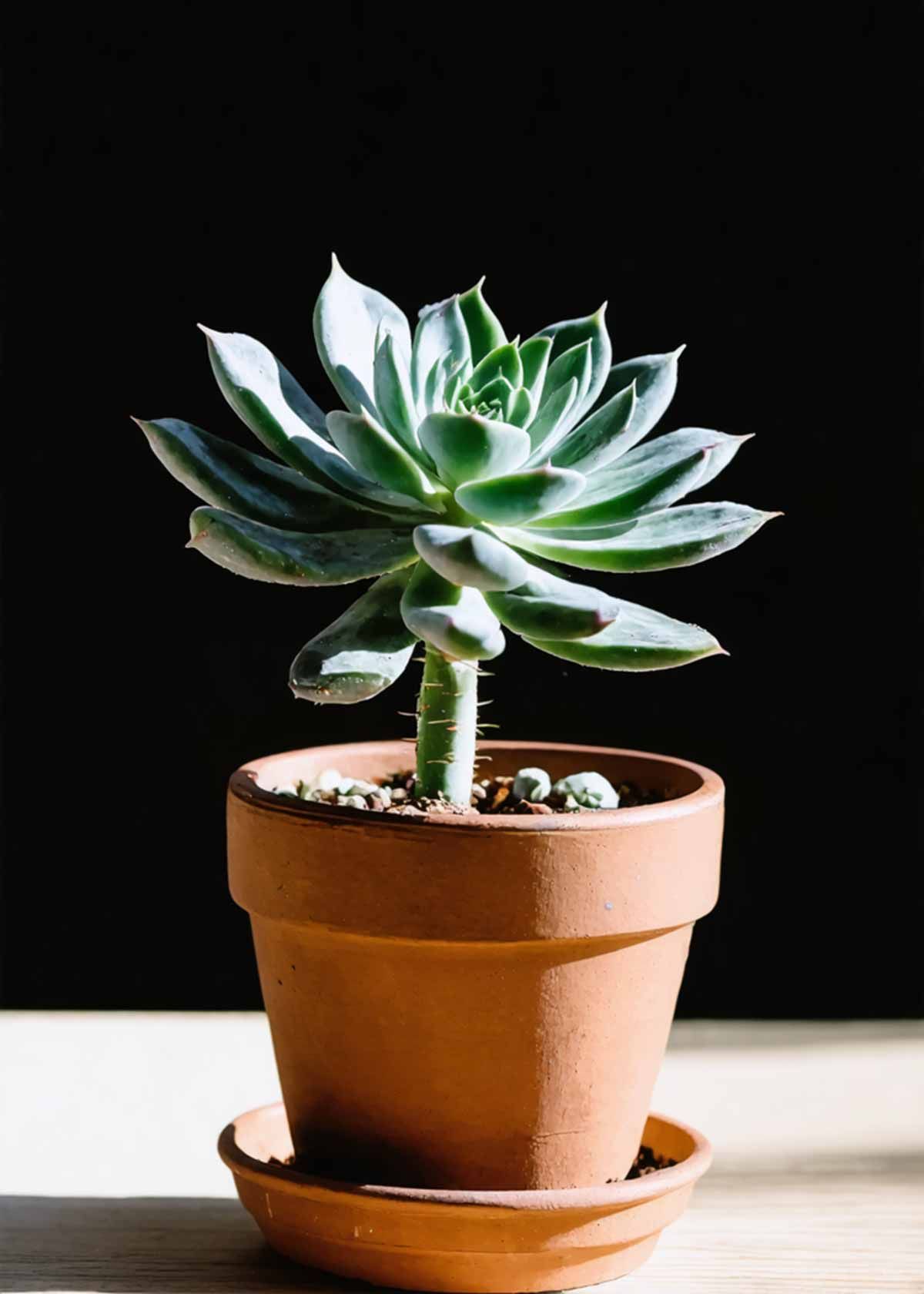 A small potted succulent plant is sitting on a wooden table.