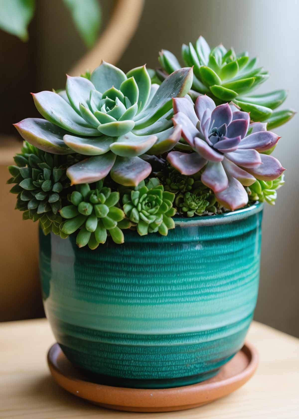 A green pot filled with succulents is sitting on a wooden table.