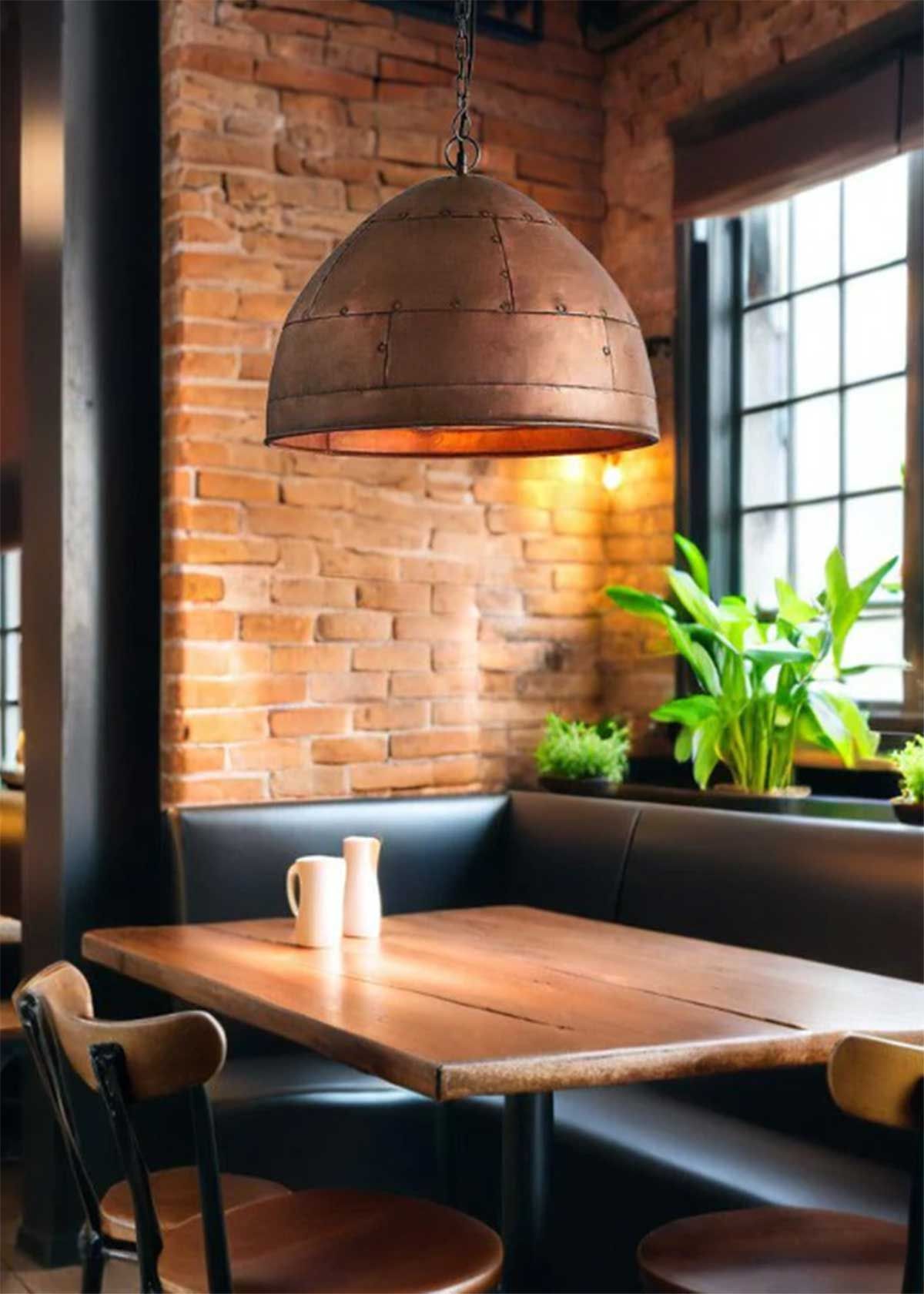 A restaurant with a table and chairs and a brick wall