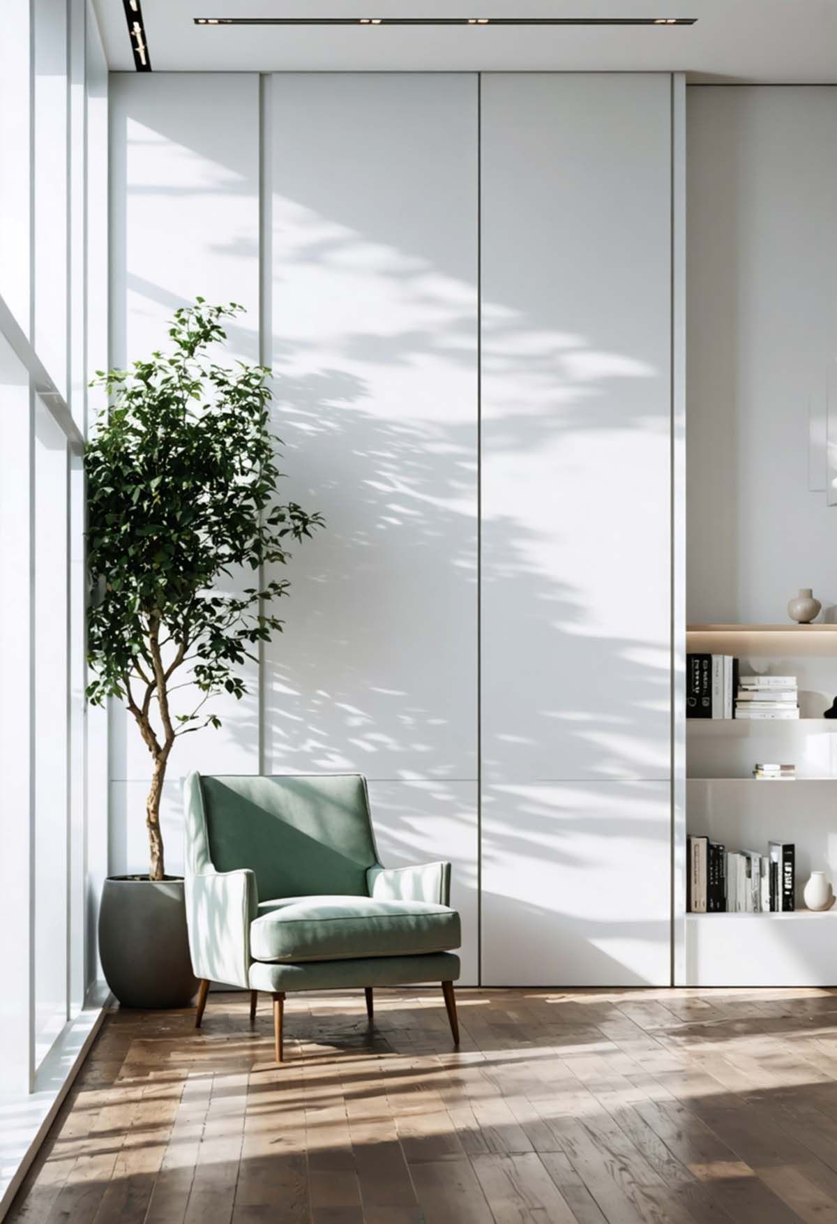 The_Role_of_Negative_Space_in_Modern_Interiors_0003 A mint green comfortable chair sits next to a window with light streaming in.