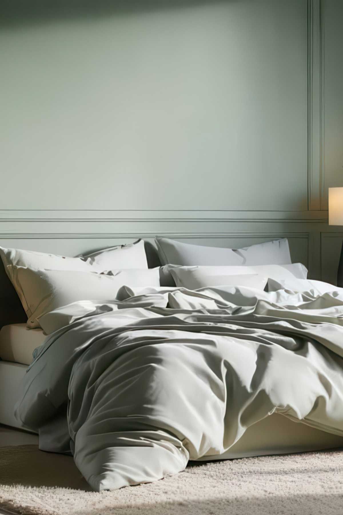 A beautiful bedroom with muted tones and a very comfortable looking bed.