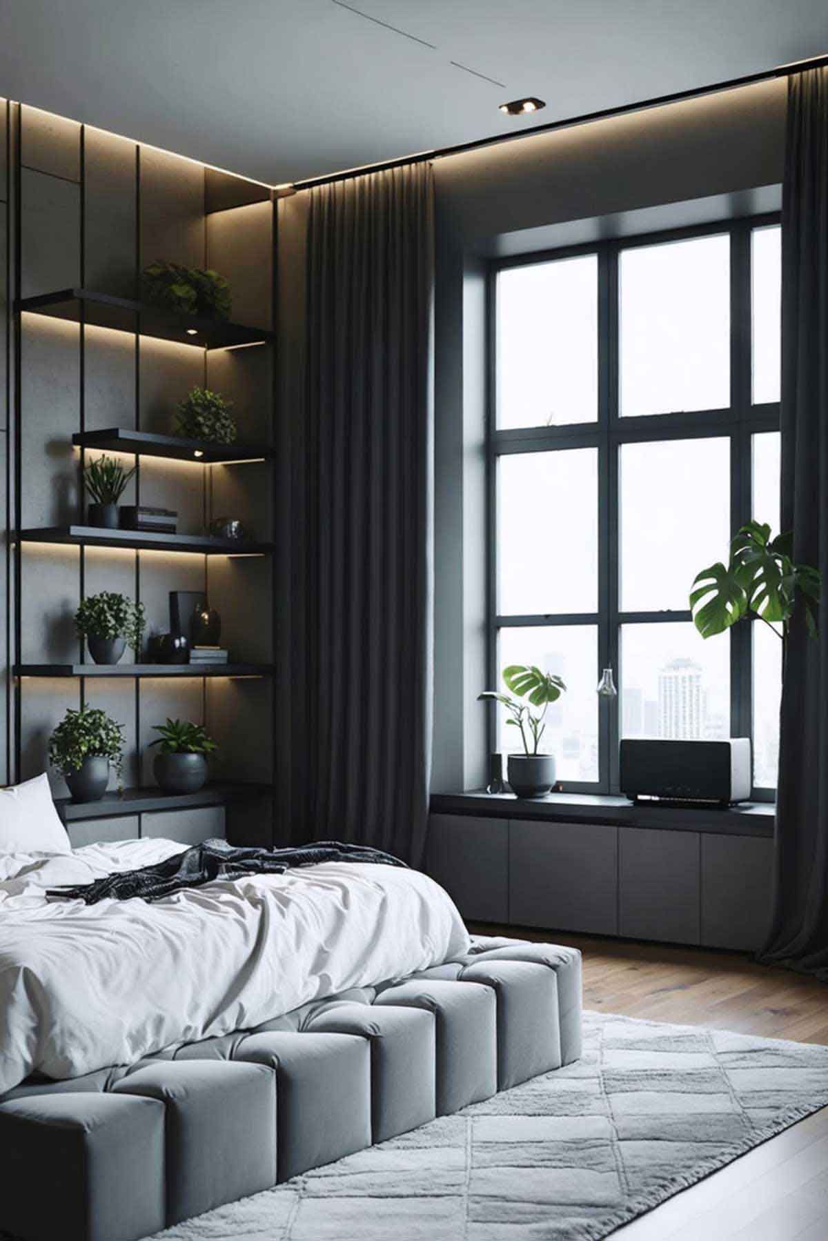 A masculine styled bedroom with a large open window. 