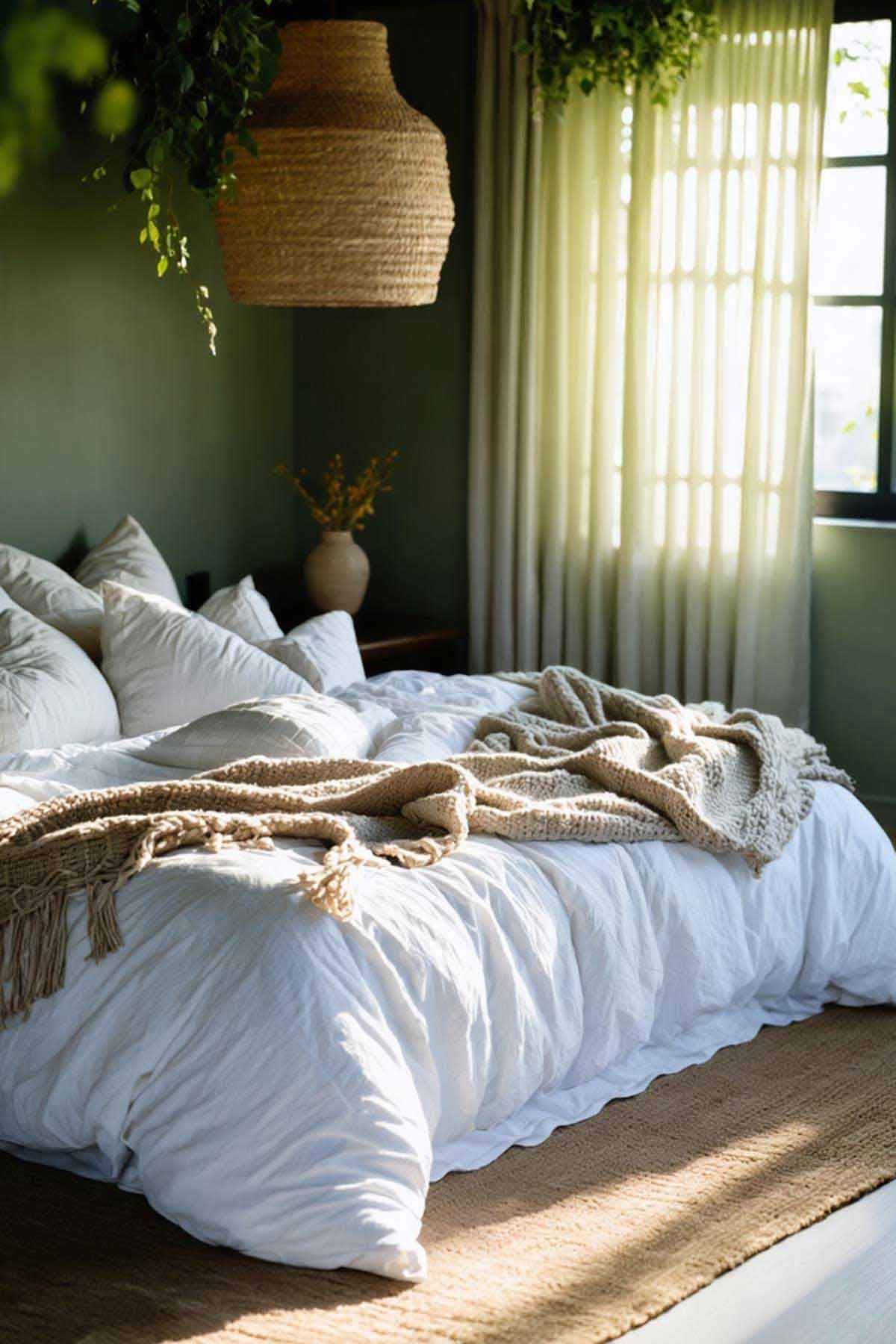 A relaxing sleep space with comfortable linens and filtered light.