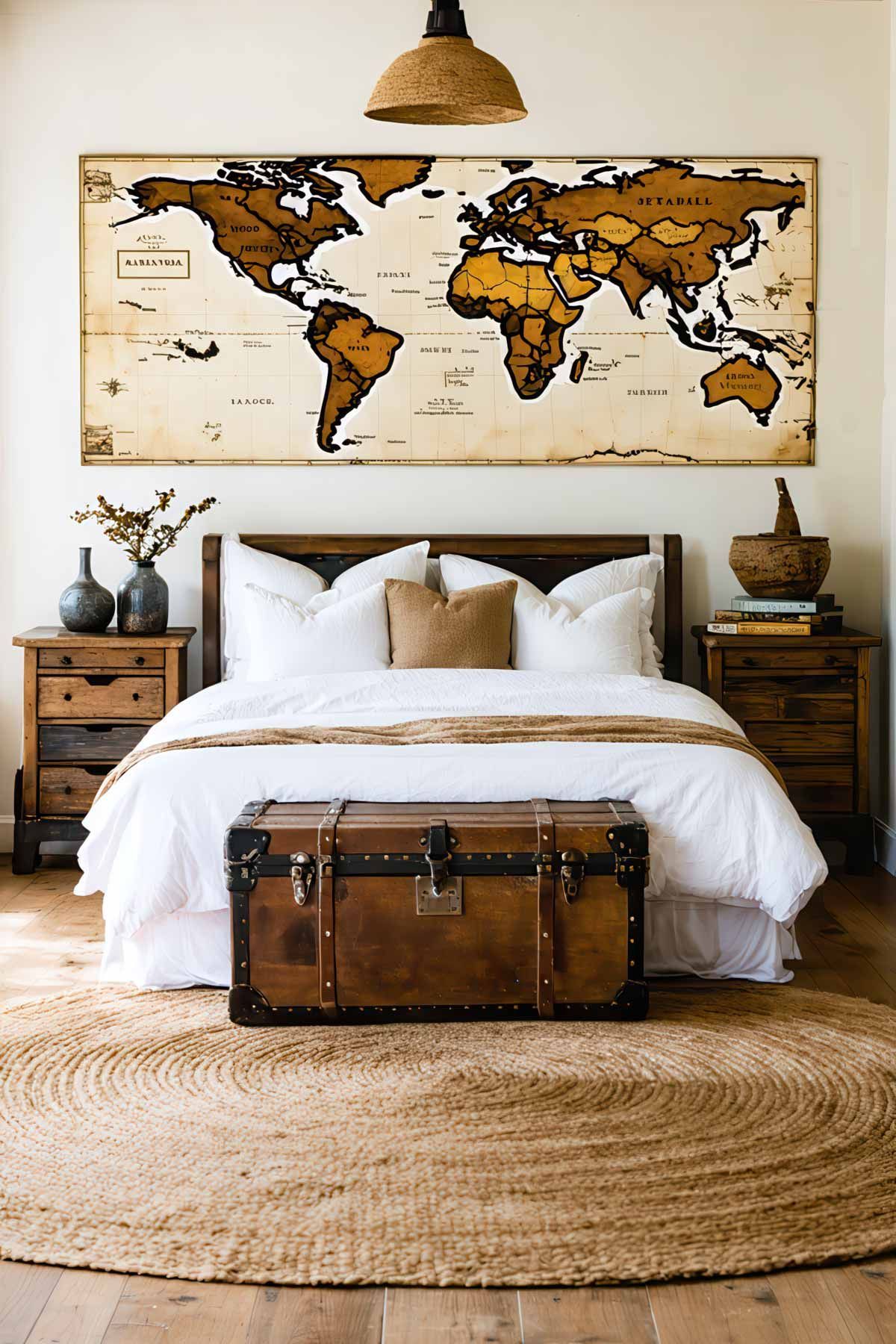 Travellers-Bedroom-With-Personal-Decor-Items A world travellers bedroom with souvenirs from their travels
