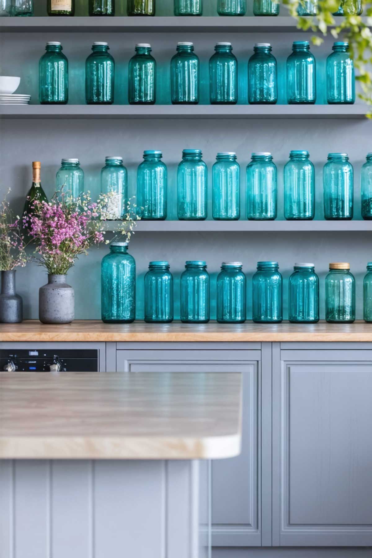 A kitchen with a lot of blue jars on the shelves.
