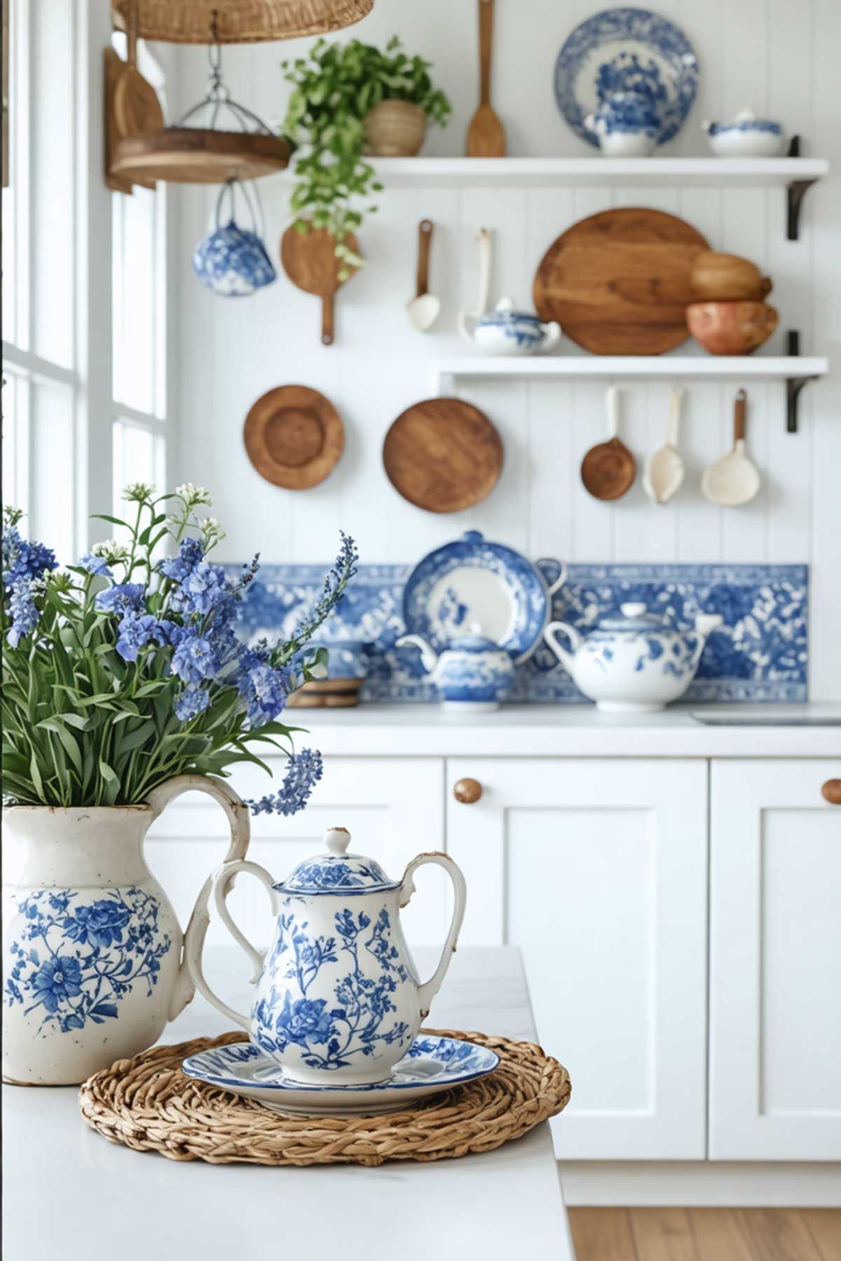 A kitchen with blue and white dishes and a vase of flowers on the counter.