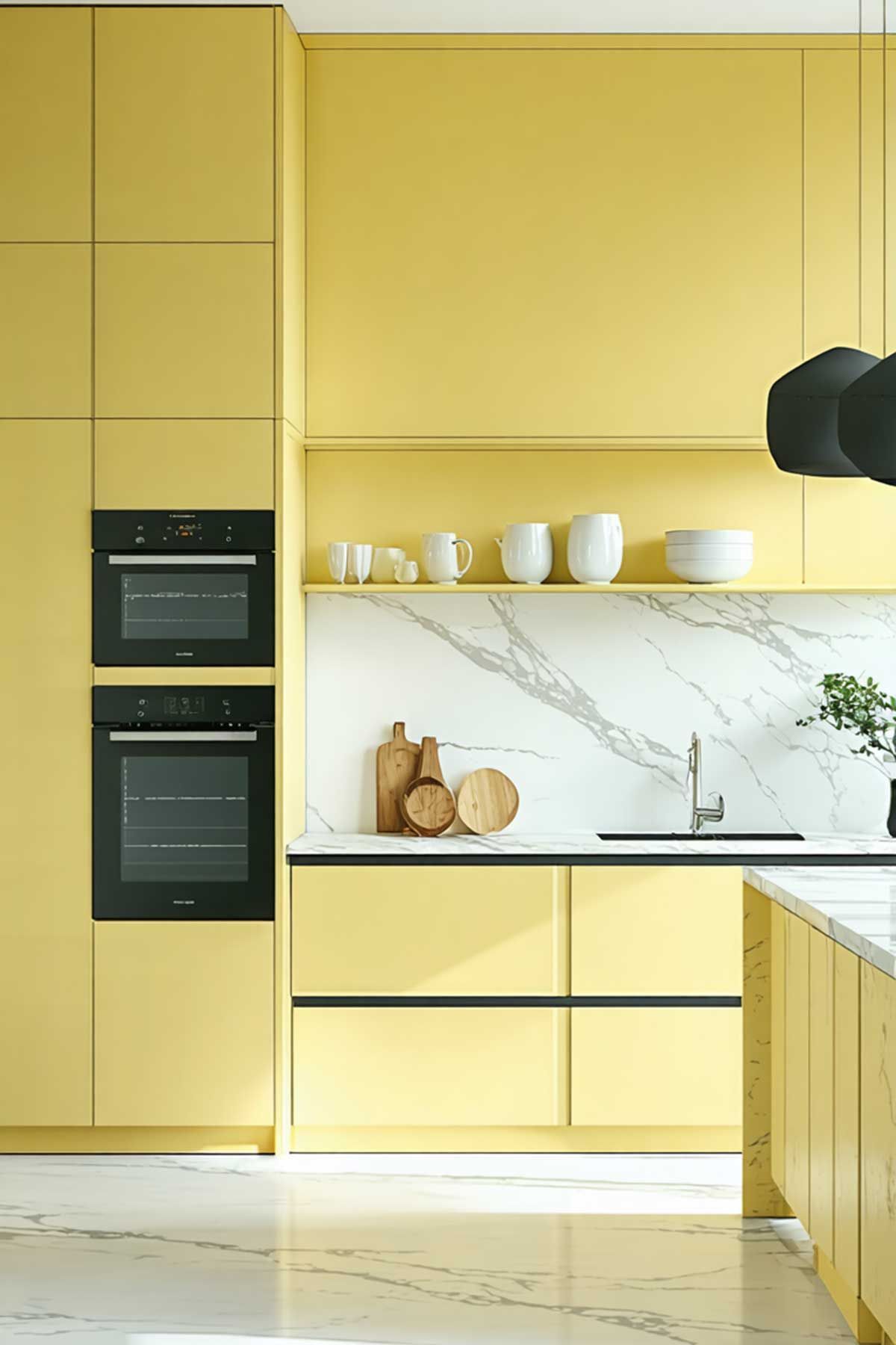 A kitchen with yellow cabinets , black appliances , a sink , and a marble counter top.