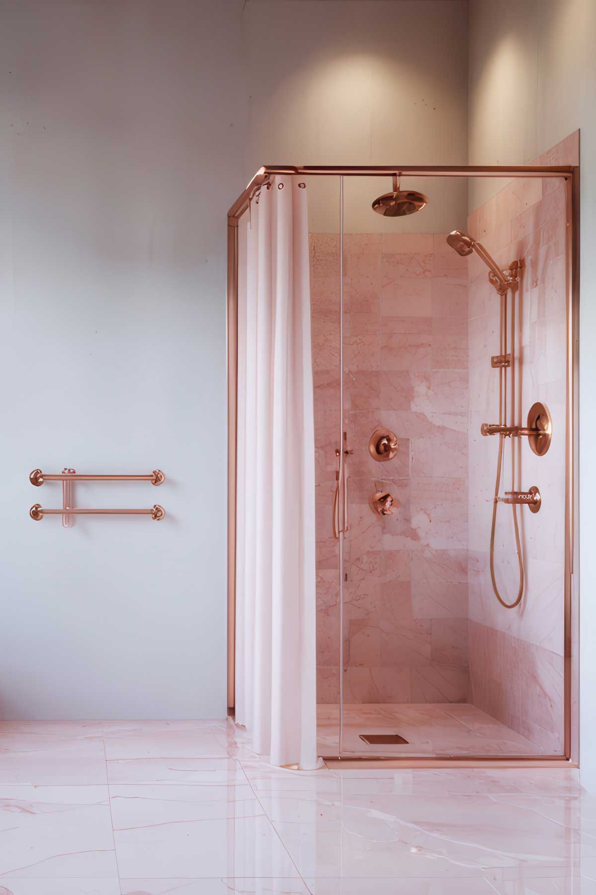 A bathroom with a pink shower stall and a copper shower head.