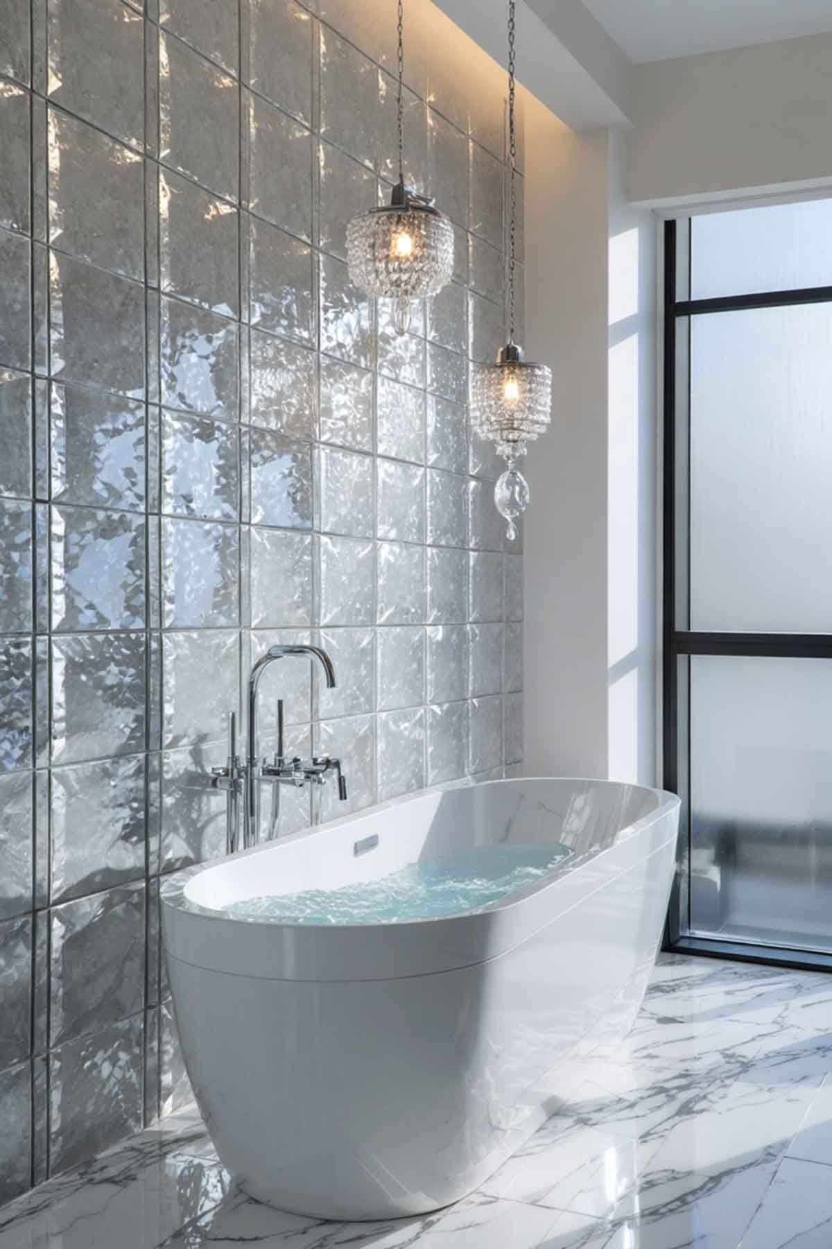 A beautiful bathroom with silver tile on the wall making it look very luxurious.