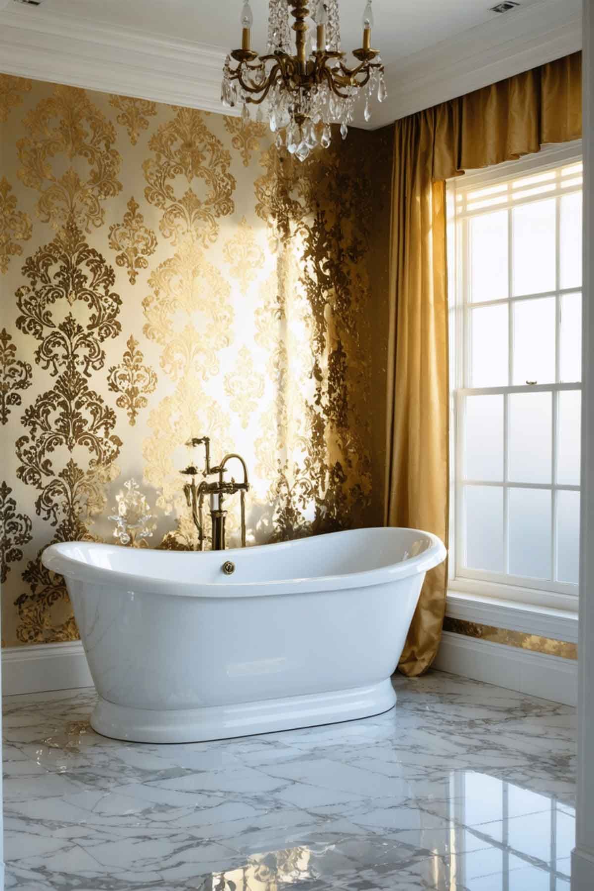A bathroom using gold wallpaper to create a luxe look.
