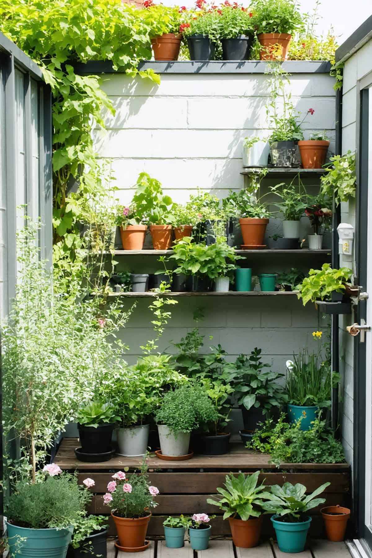 A row of shelves filled with potted plants and flowers