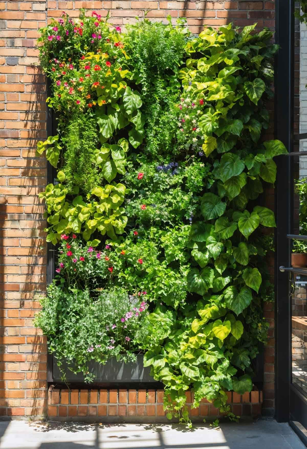 Vertical_Gardening_Perfect_for_Small_Outdoor_Spaces_0001 A red brick wall covered in a vertical garden