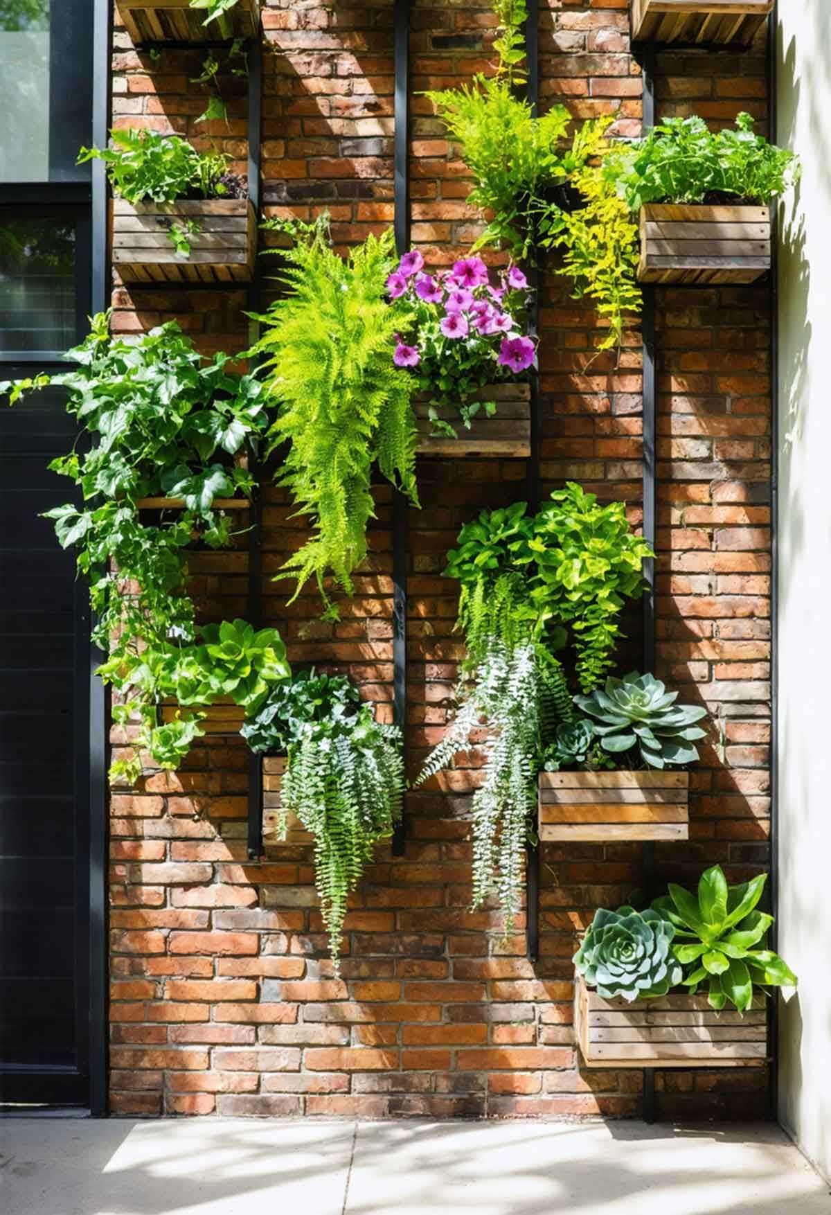 Vertical_Gardening_Perfect_for_Small_Outdoor_Spaces_0003 A vertical garden against a brick wall on a small terrace.