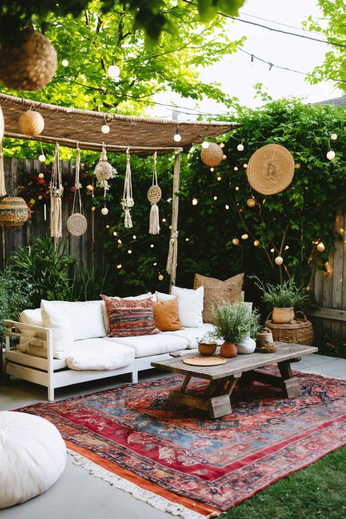 An outdoor seating area decorated in the Boho style with a white cushioned lounge and décor items from natural materials