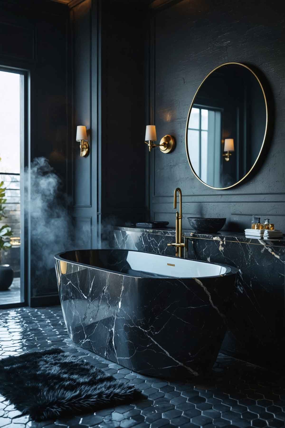 A truly luxe looking bathroom colour blocked in dark moody tones