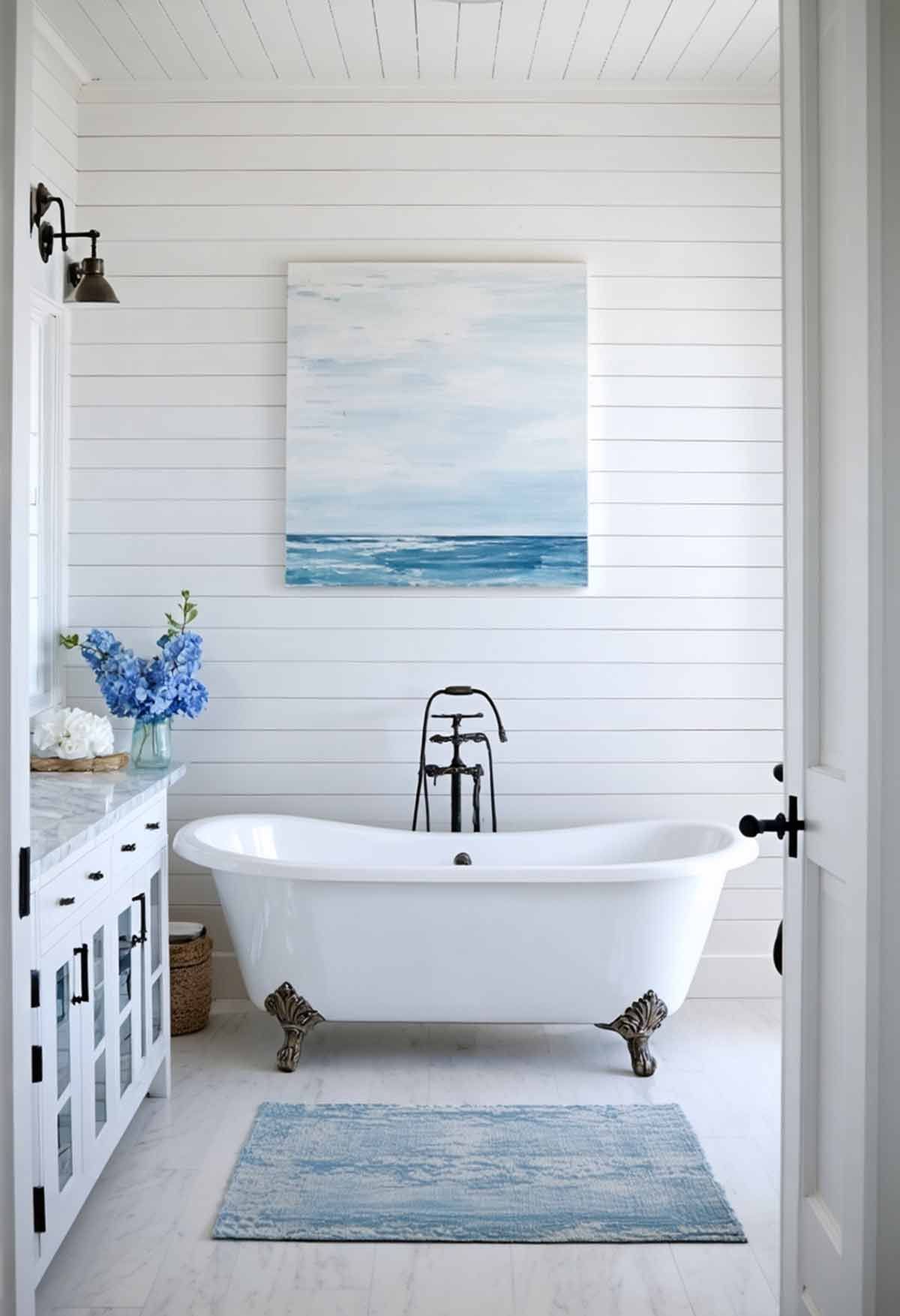 Hamptons inspired bathroom with timber walls and shaker style cabinets