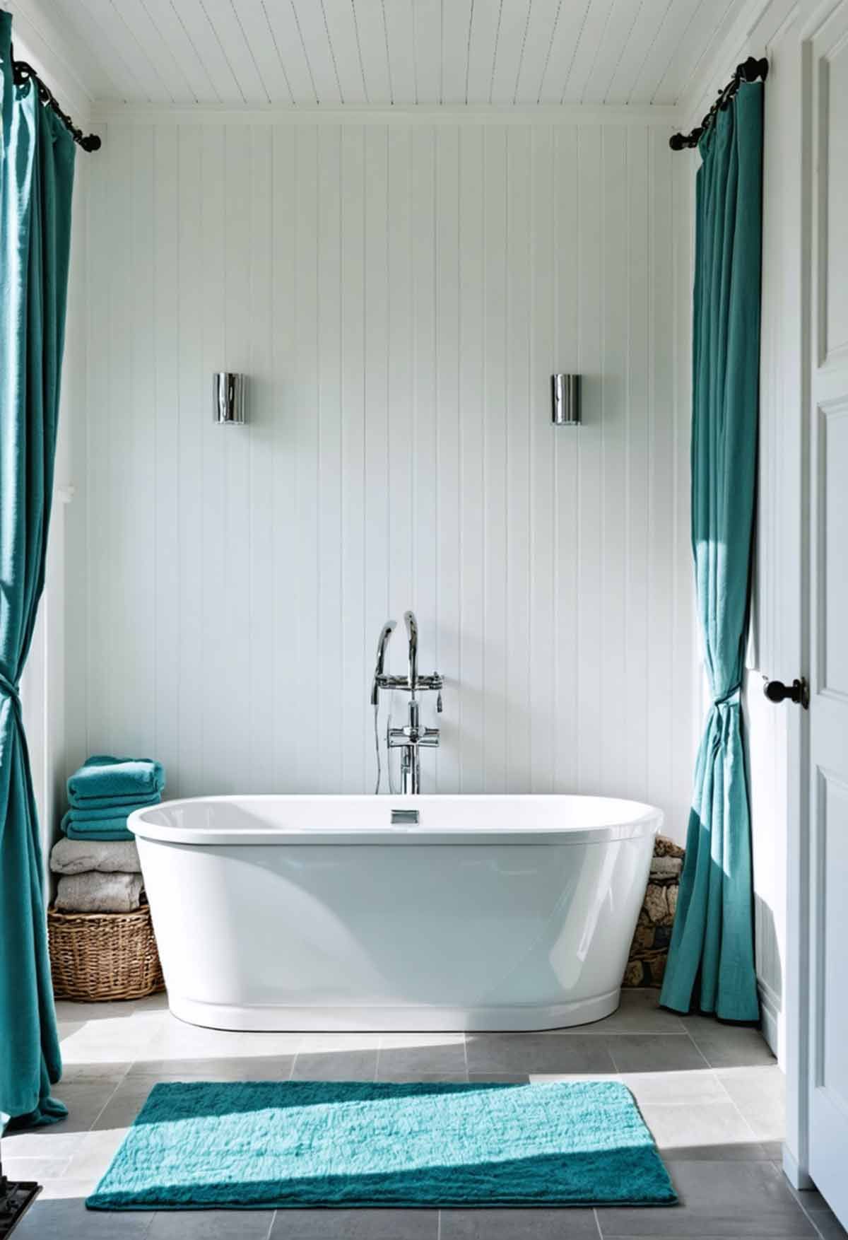 A budget Hamptons styled bathroom with a modern free standing tub.