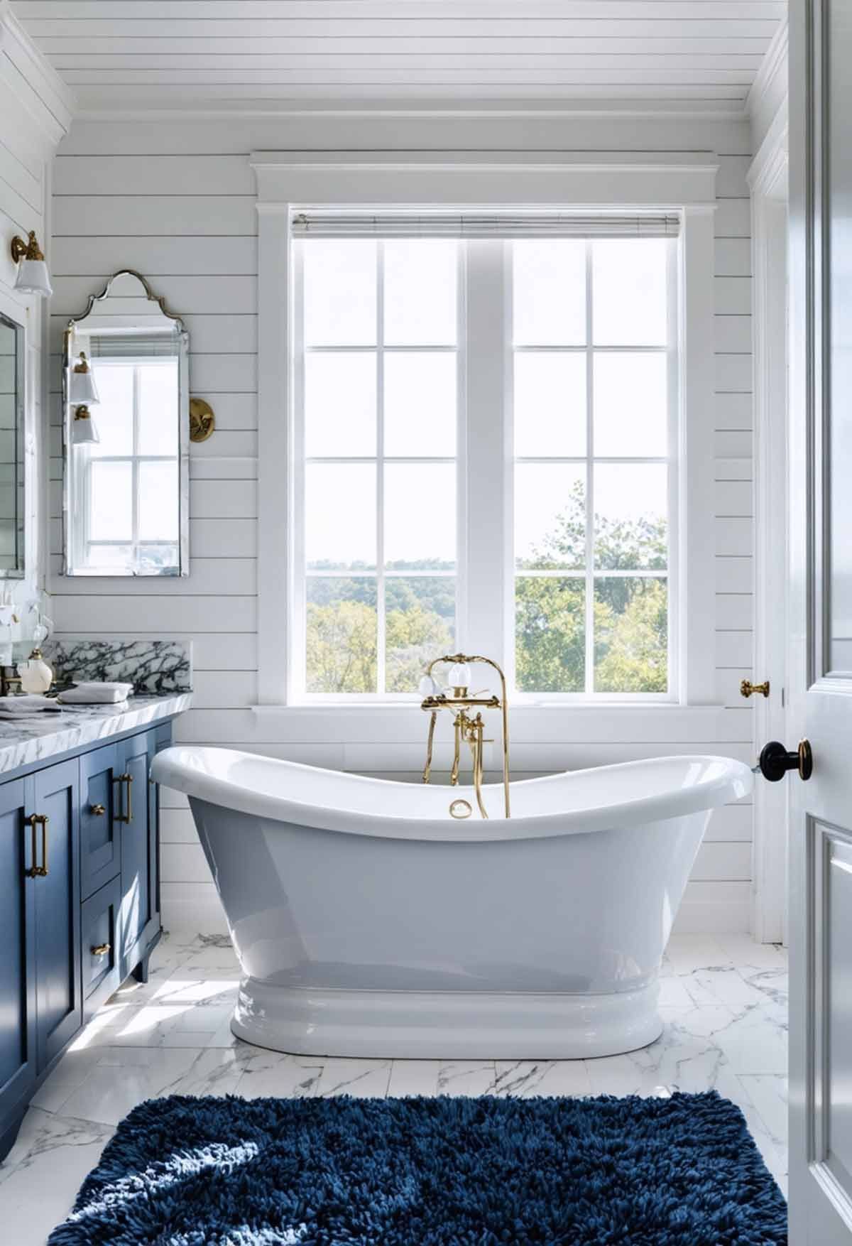 Hamptons styled bathroom that uses bold colours. 