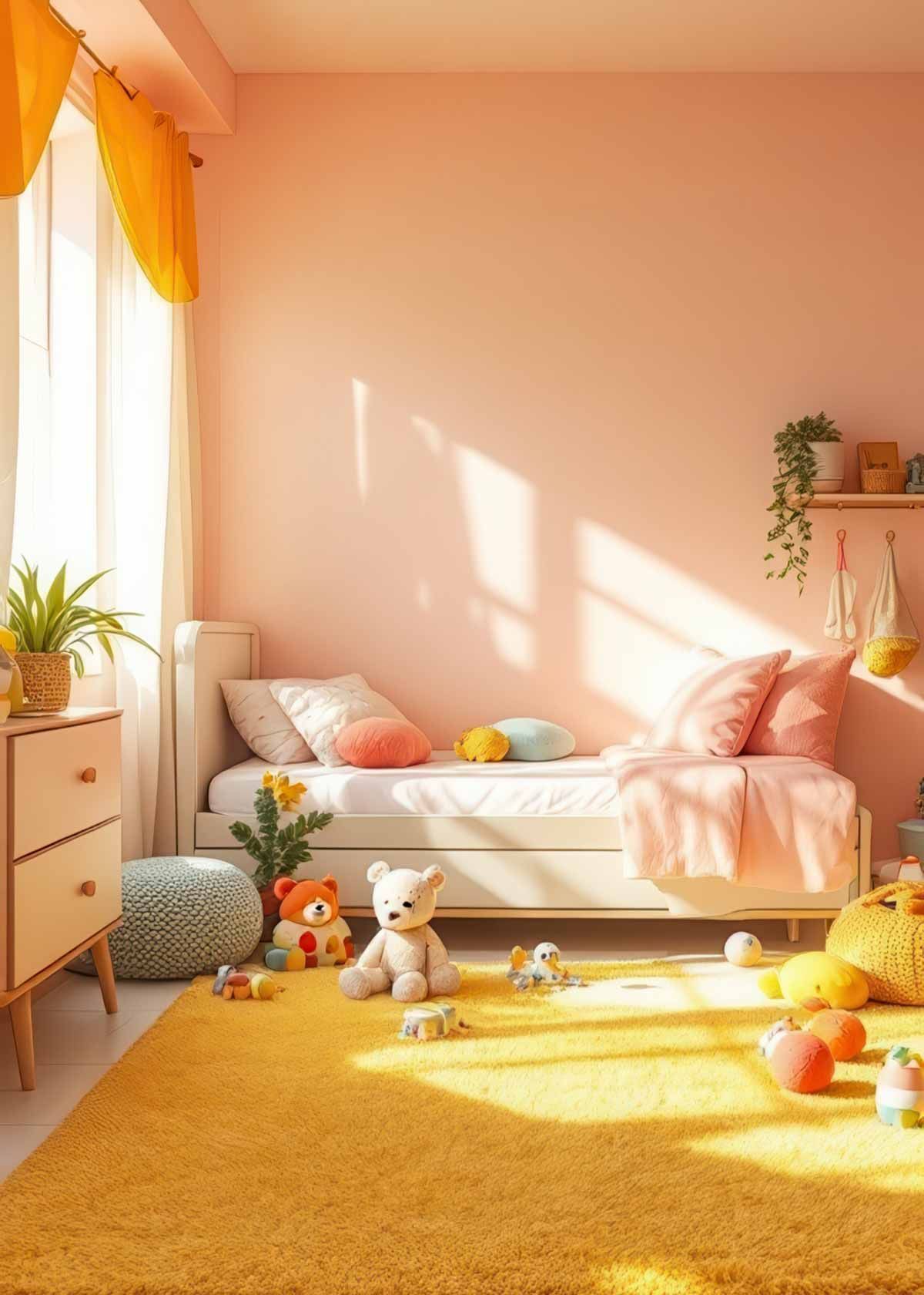 A child 's bedroom with pink walls and a yellow rug.