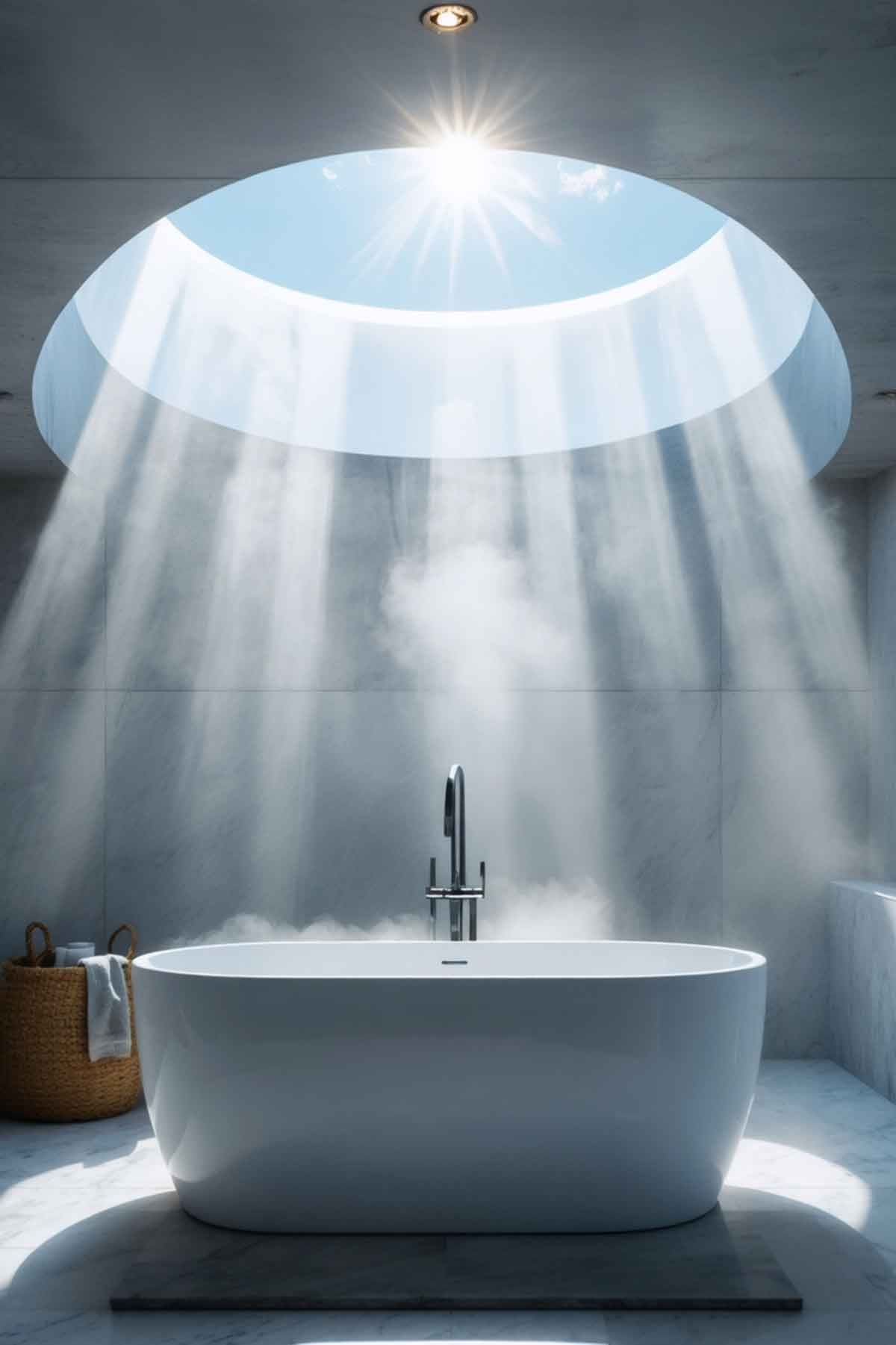 A stunning round skylight in a luxury bathroom.