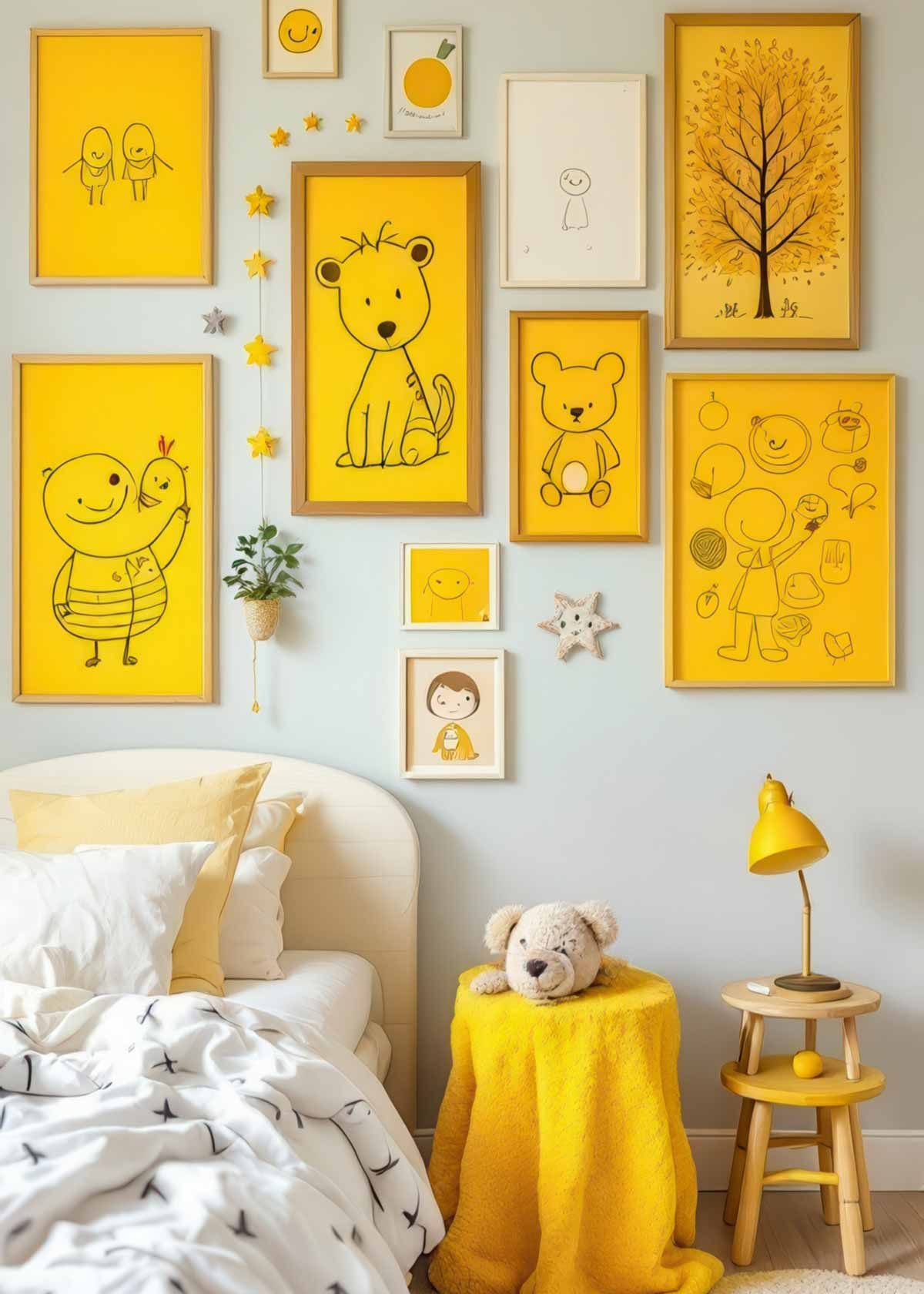 A child 's bedroom with a bed , stool , lamp , and yellow paintings on the wall.