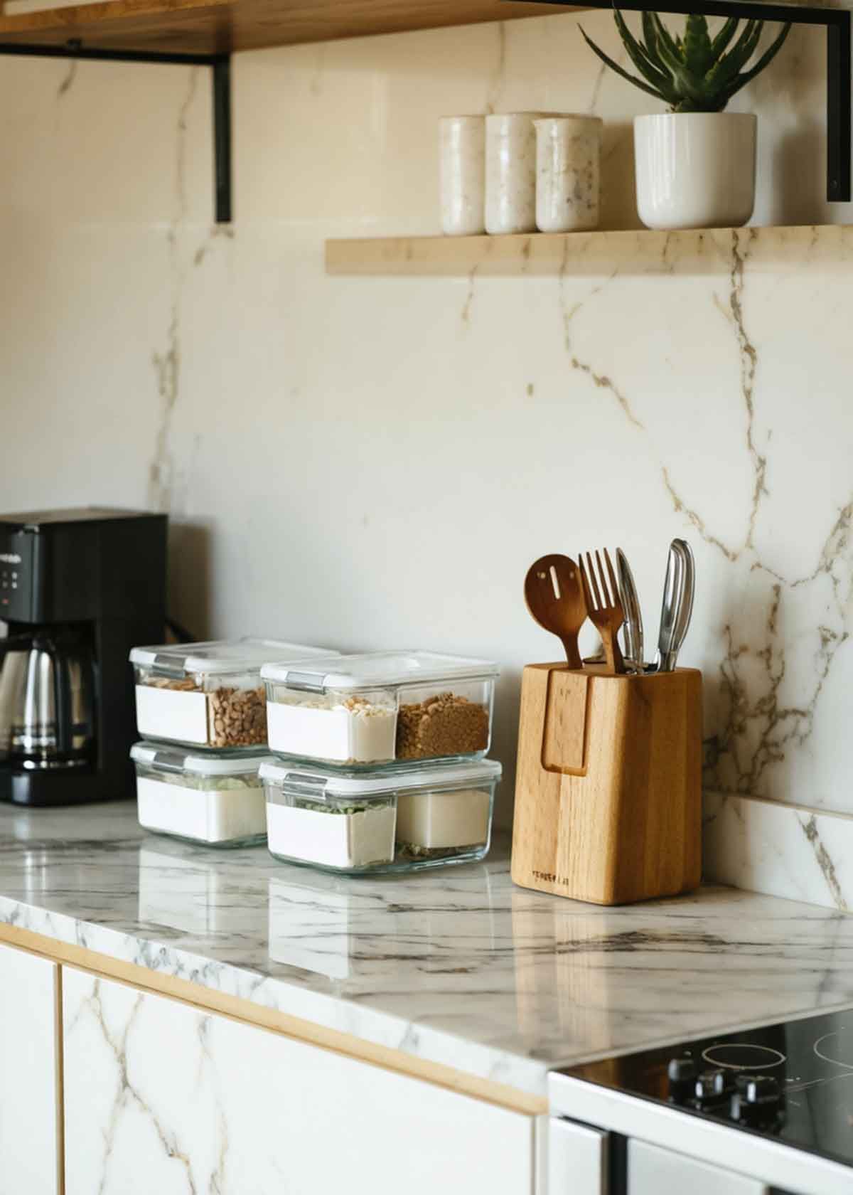 A kitchen with a marble counter top and a wooden utensil holder