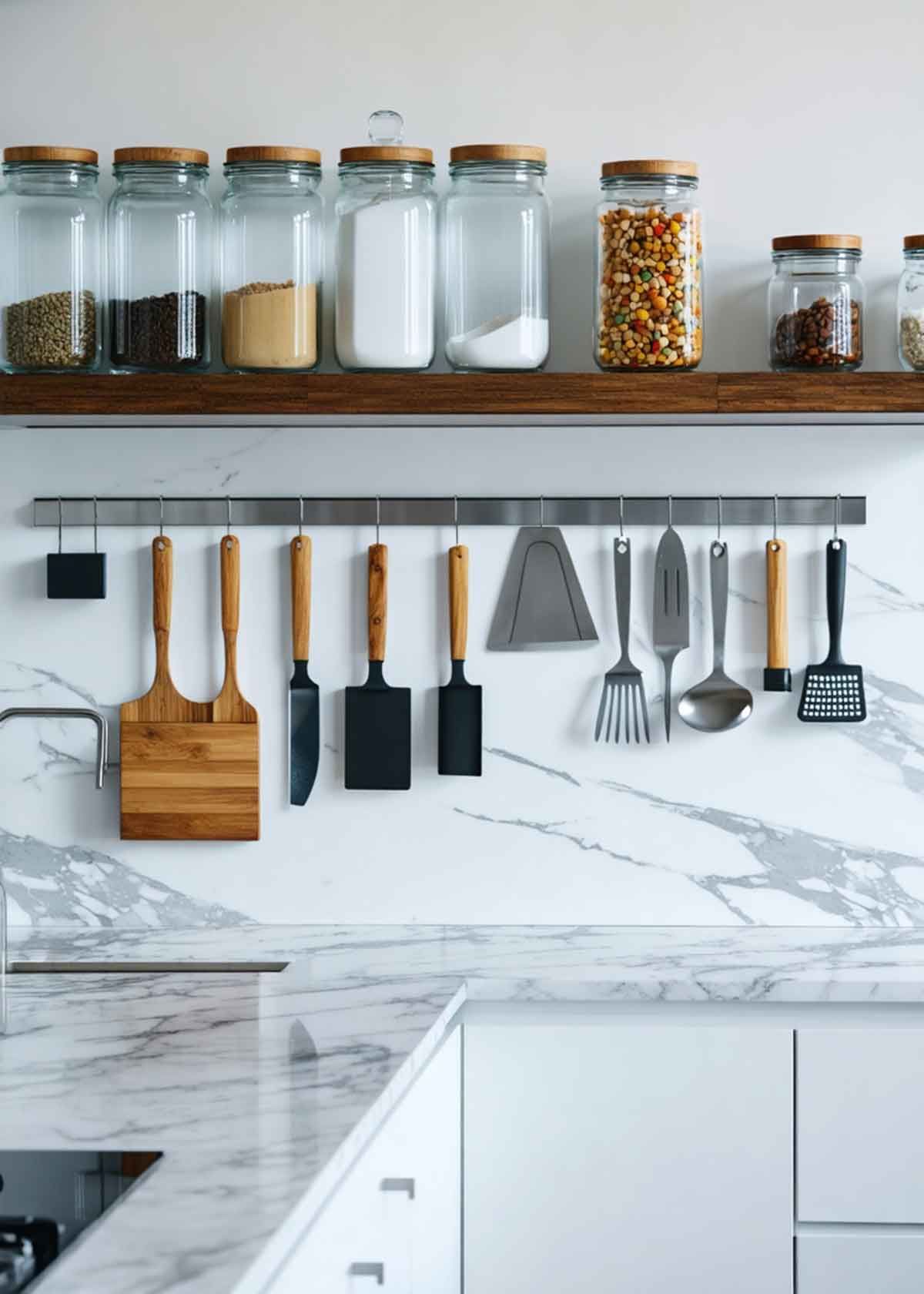 A kitchen with utensils hanging on the wall and jars on the shelf.