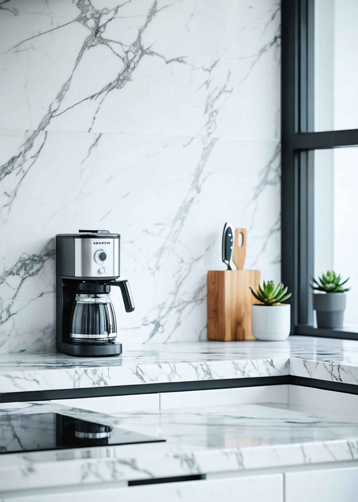 A coffee maker is sitting on a counter in a kitchen next to a window.