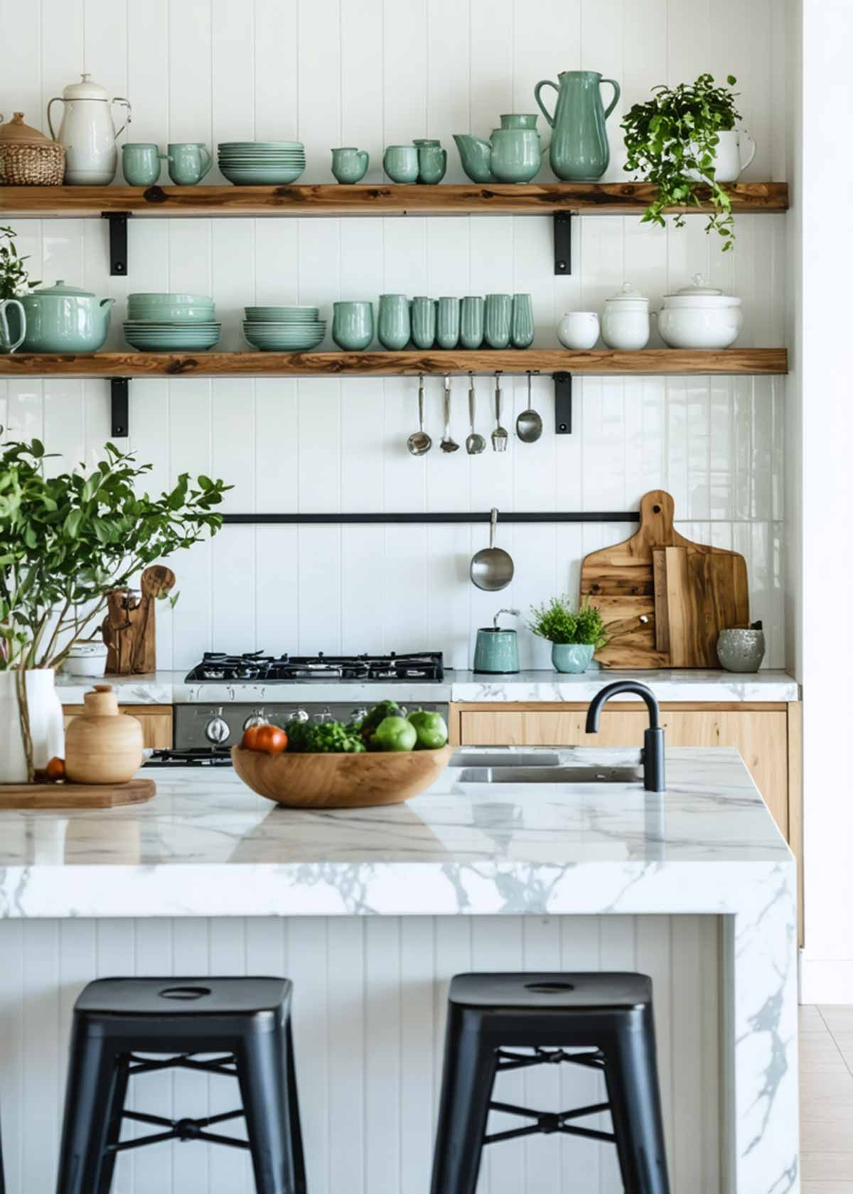 A kitchen with a bowl of fruit on the counter and stools