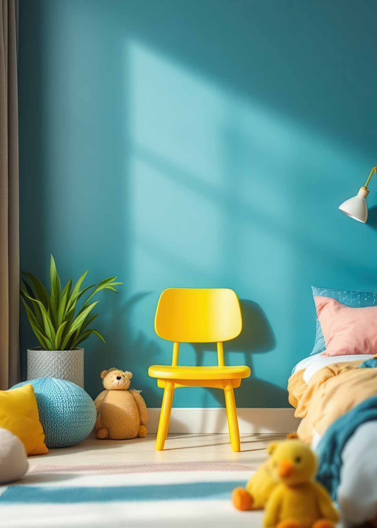 A child 's bedroom with blue walls and a yellow chair.