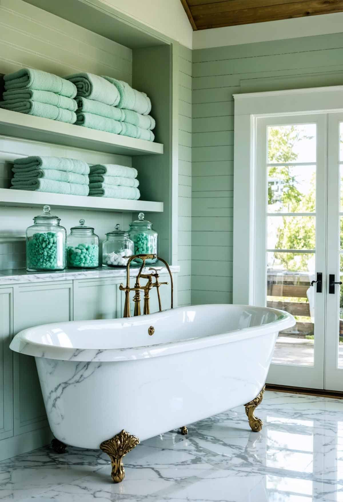 A very successful Hamptons designed bathroom with a mint green as the feature colour.