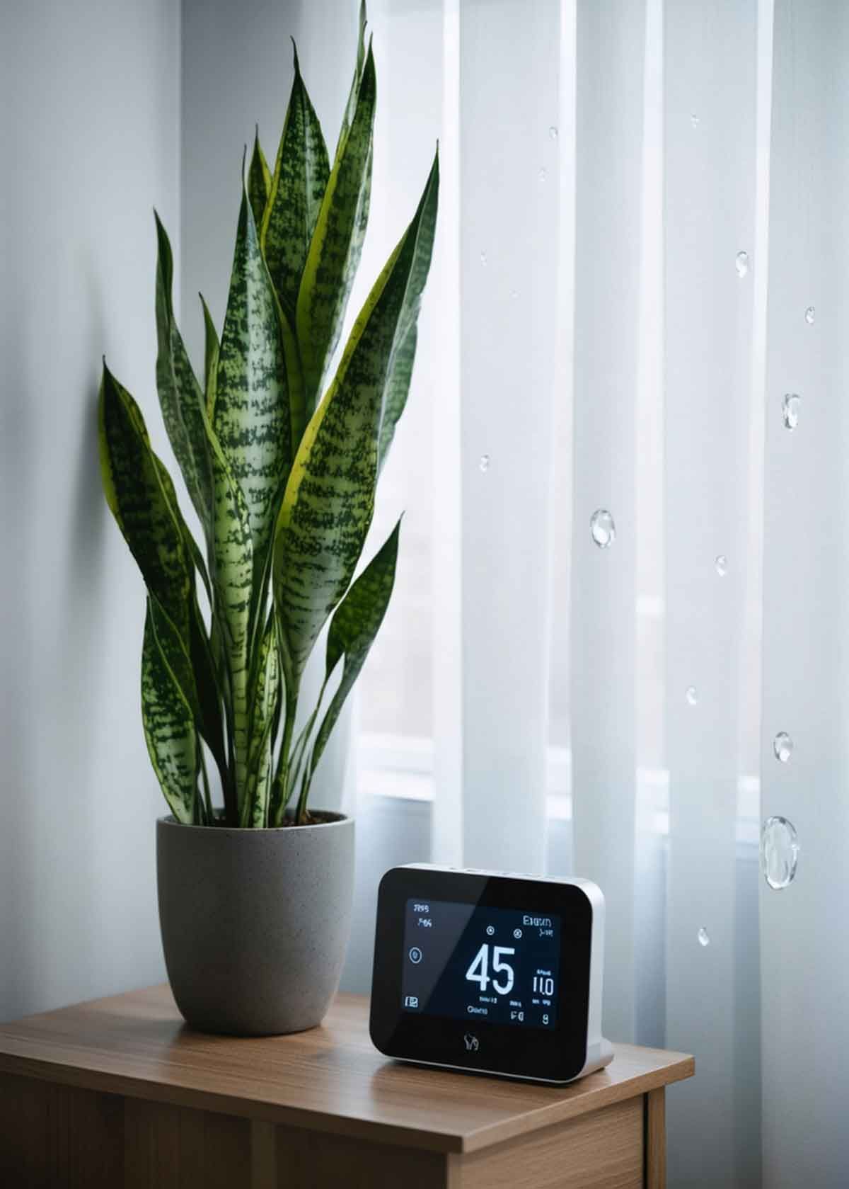 A healthy snake plant in a grey pot on a bedside table